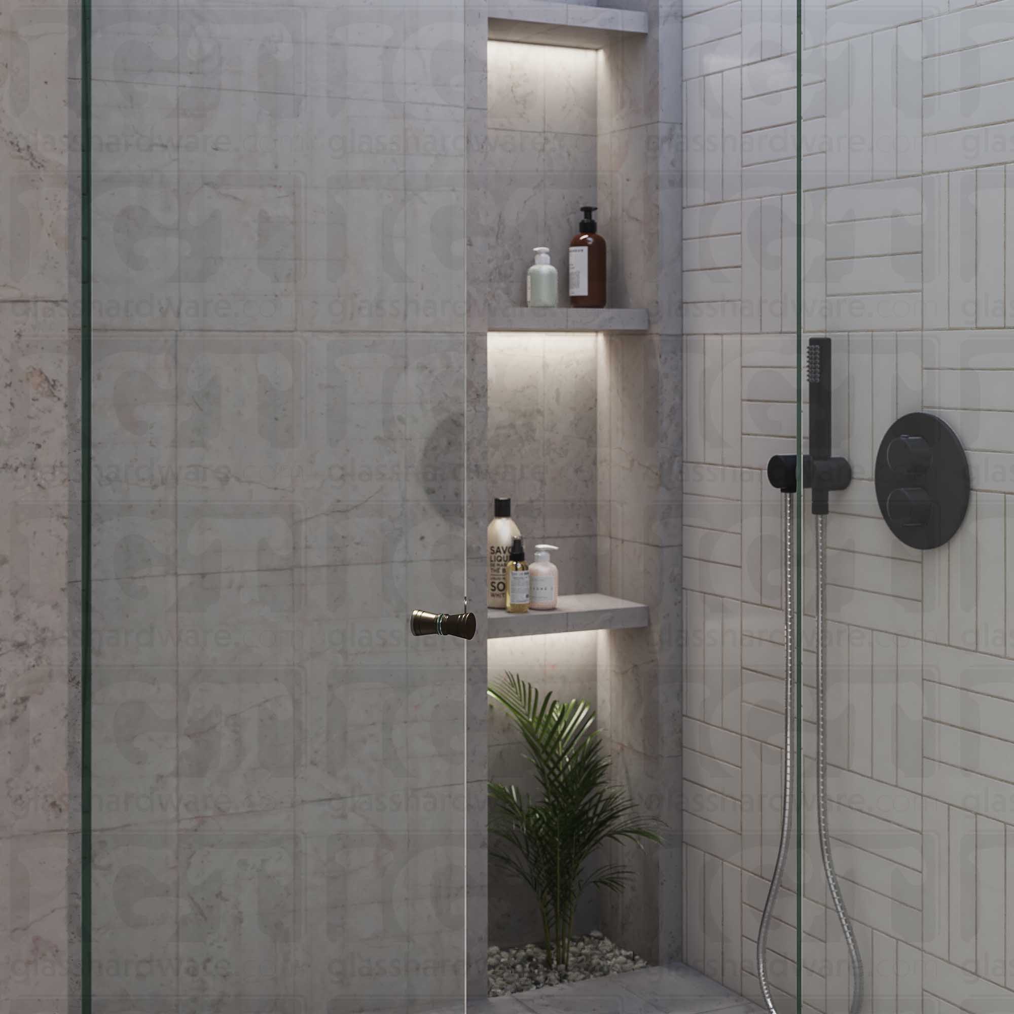 A glass shower door in the open position featuring the Modern Ribbed Bow Tie Back-to-Back Door Knob. Oil Rubbed Bronze.
