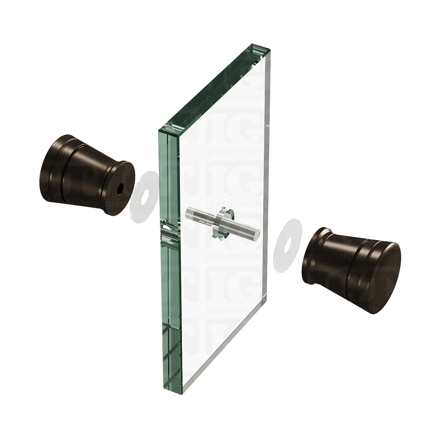 An exploded view of a Modern Ribbed Bow Tie Back-to-Back Door Knob assembly. The image shows its knobs, clear gaskets, and screw being fitted onto a glass panel. Oil Rubbed Bronze.