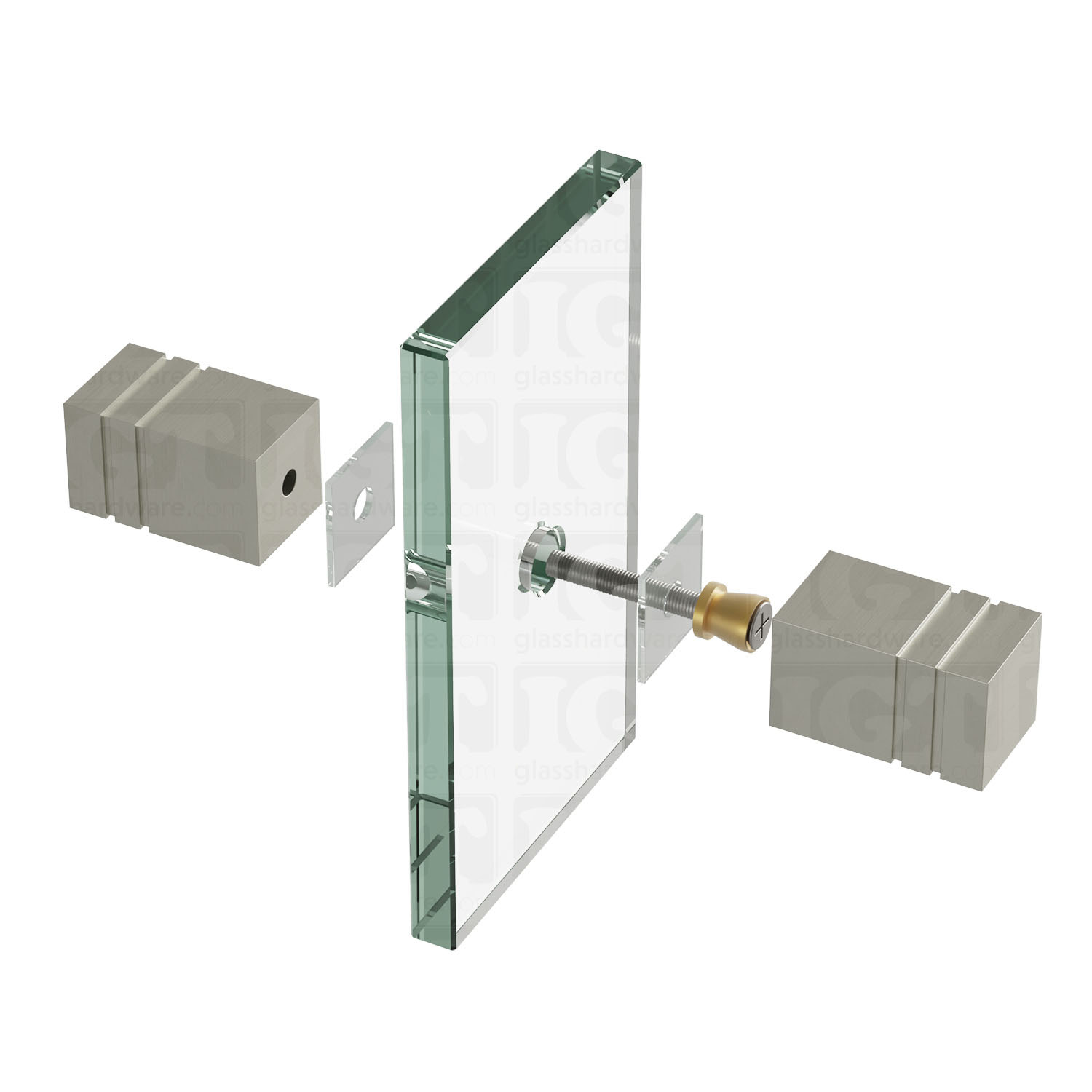 An exploded view of a Square Back-to-Back Door Knob assembly. The image shows its knobs, clear gaskets, and screw being fitted onto a glass panel. Brushed Nickel.