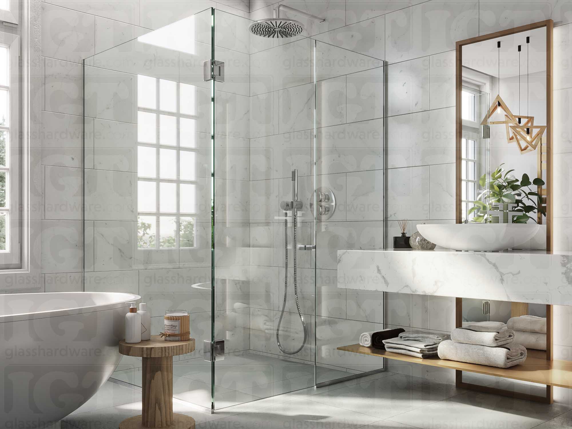 A modern bathroom with a frameless glass shower enclosure featuring the Square Back-to-Back Door Knob in Chrome Polished.