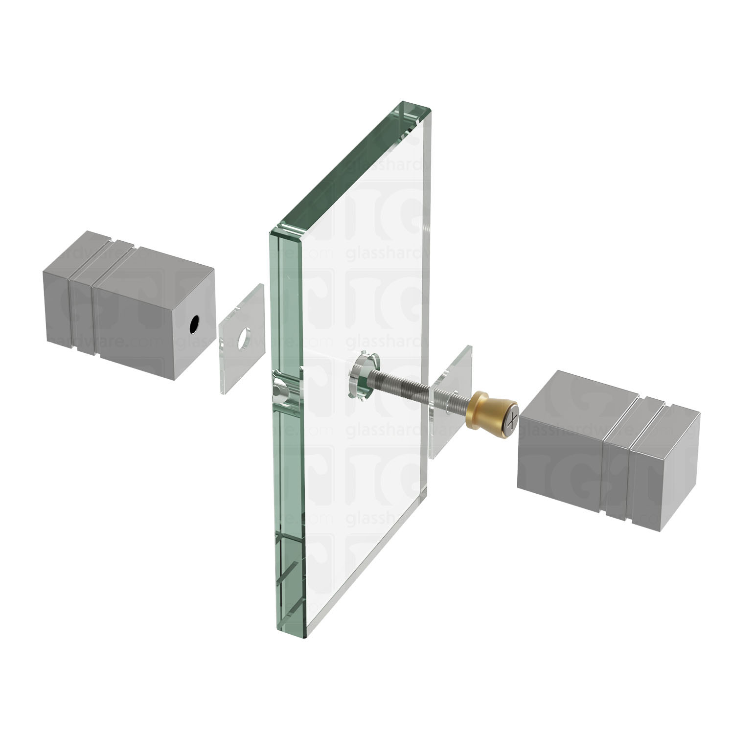 An exploded view of a Square Back-to-Back Door Knob assembly. The image shows its knobs, clear gaskets, and screw being fitted onto a glass panel. Chrome Polished.