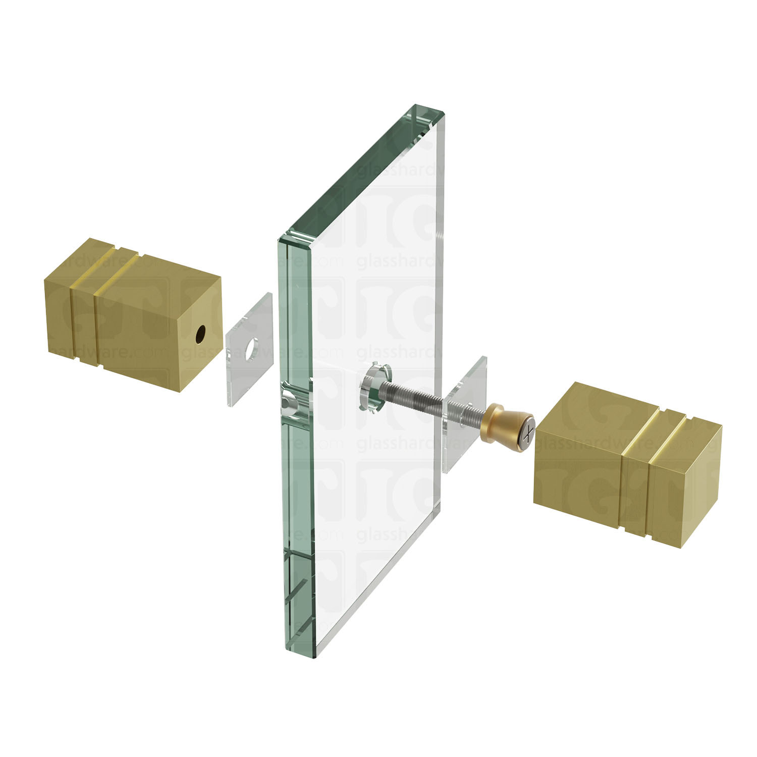 An exploded view of a Square Back-to-Back Door Knob assembly. The image shows its knobs, clear gaskets, and screw being fitted onto a glass panel. Gold Brushed.