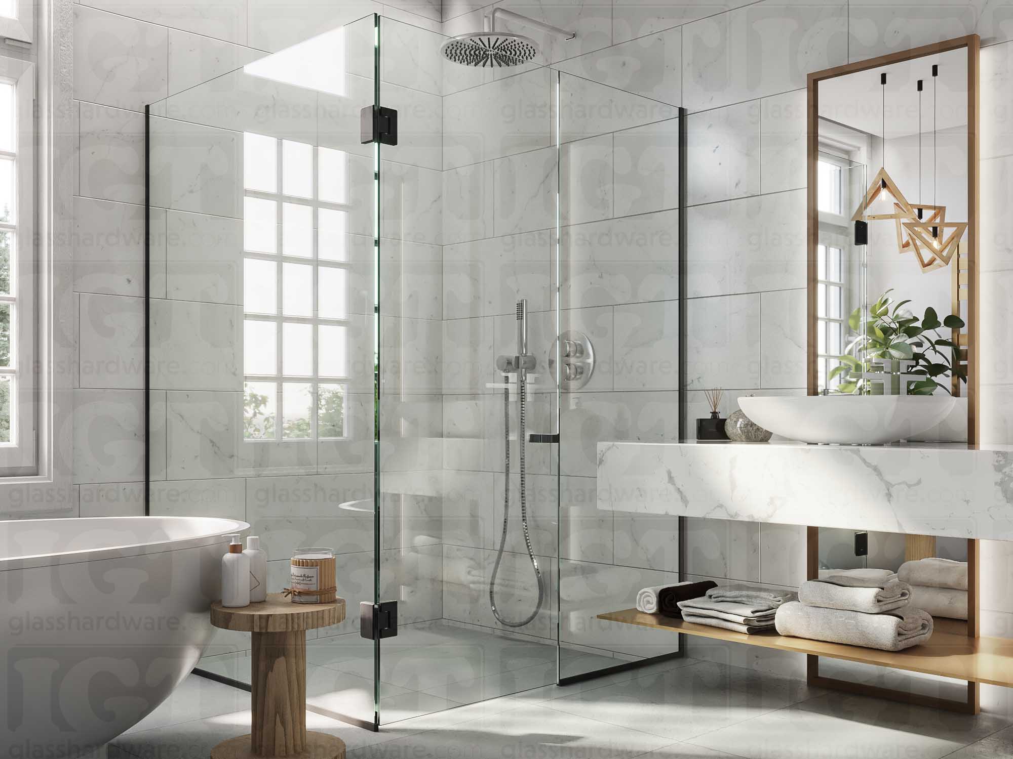 A modern bathroom with a frameless glass shower enclosure featuring the Square Back-to-Back Door Knob in Matte Black.