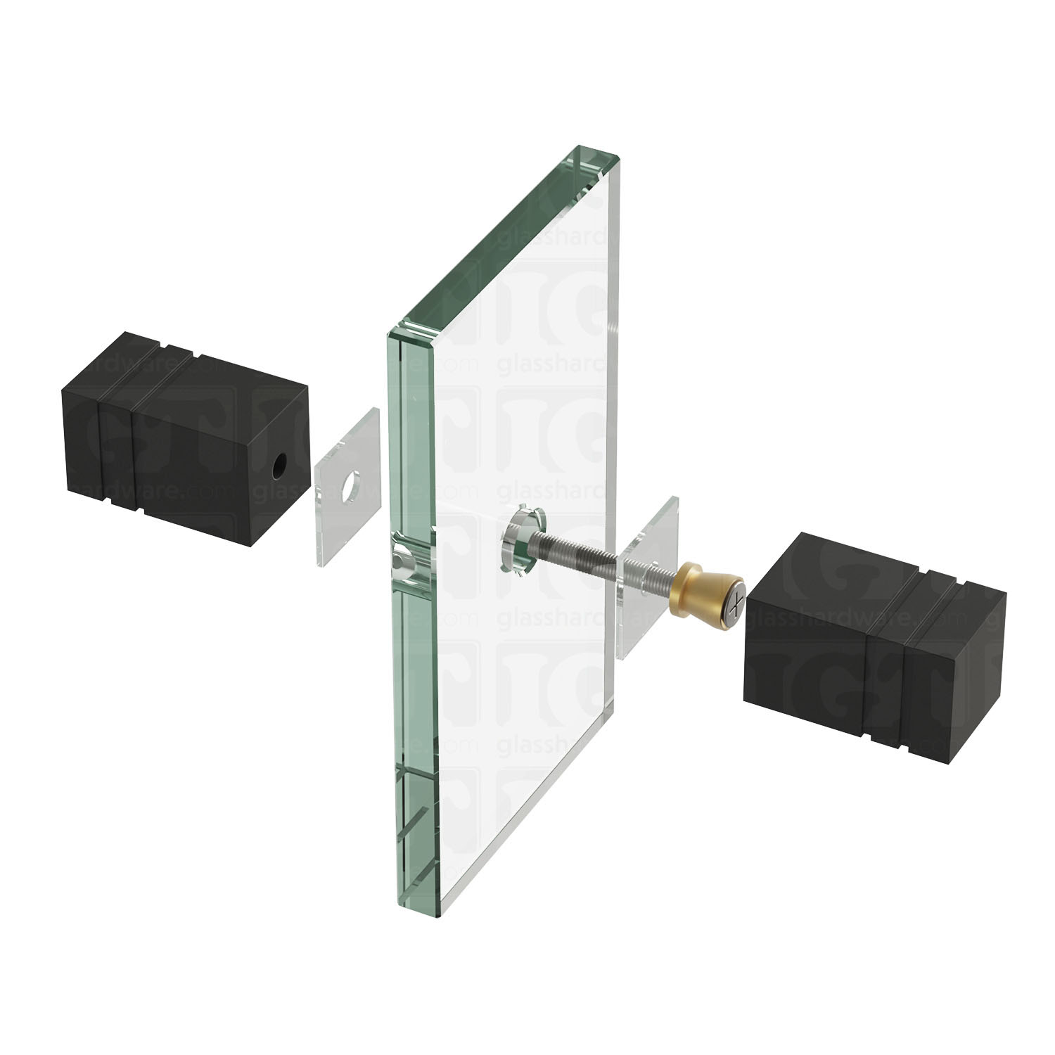 An exploded view of a Square Back-to-Back Door Knob assembly. The image shows its knobs, clear gaskets, and screw being fitted onto a glass panel. Matte Black.