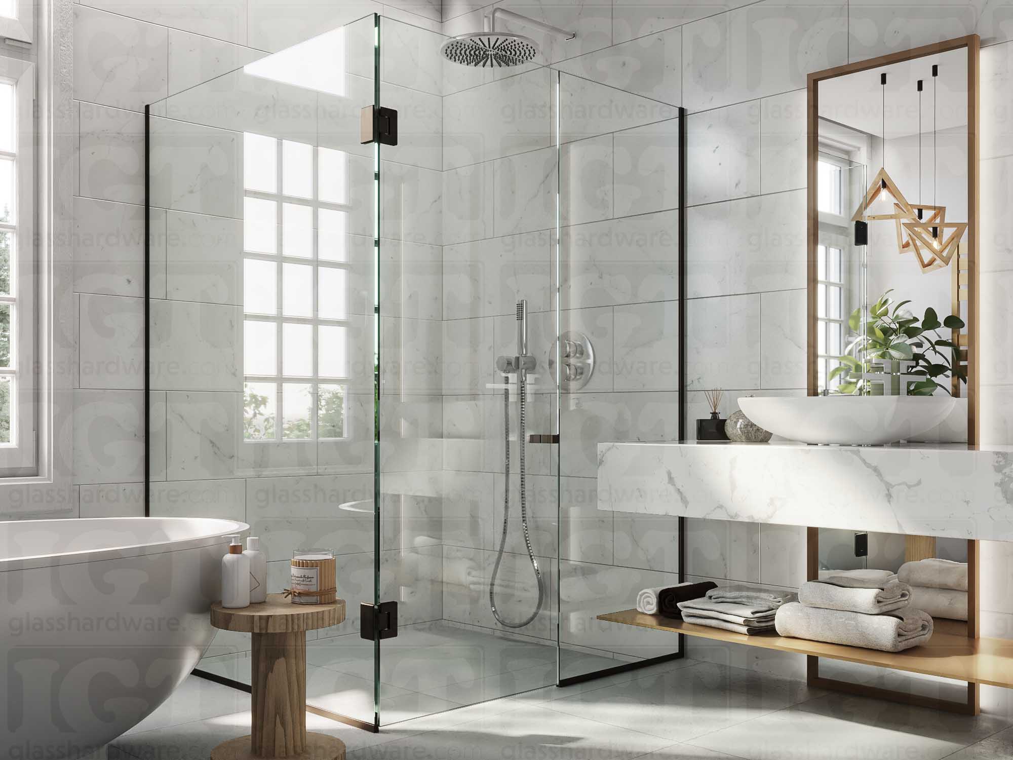 A modern bathroom with a frameless glass shower enclosure featuring the Square Back-to-Back Door Knob in Oil Rubbed Bronze.