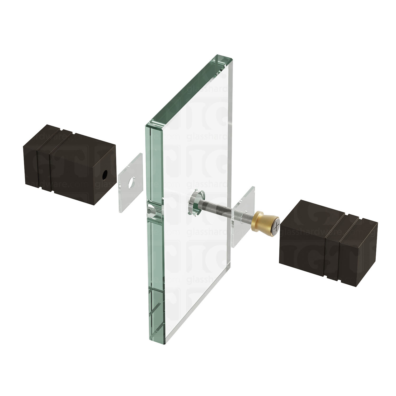 An exploded view of a Square Back-to-Back Door Knob assembly. The image shows its knobs, clear gaskets, and screw being fitted onto a glass panel. Oil Rubbed Bronze.