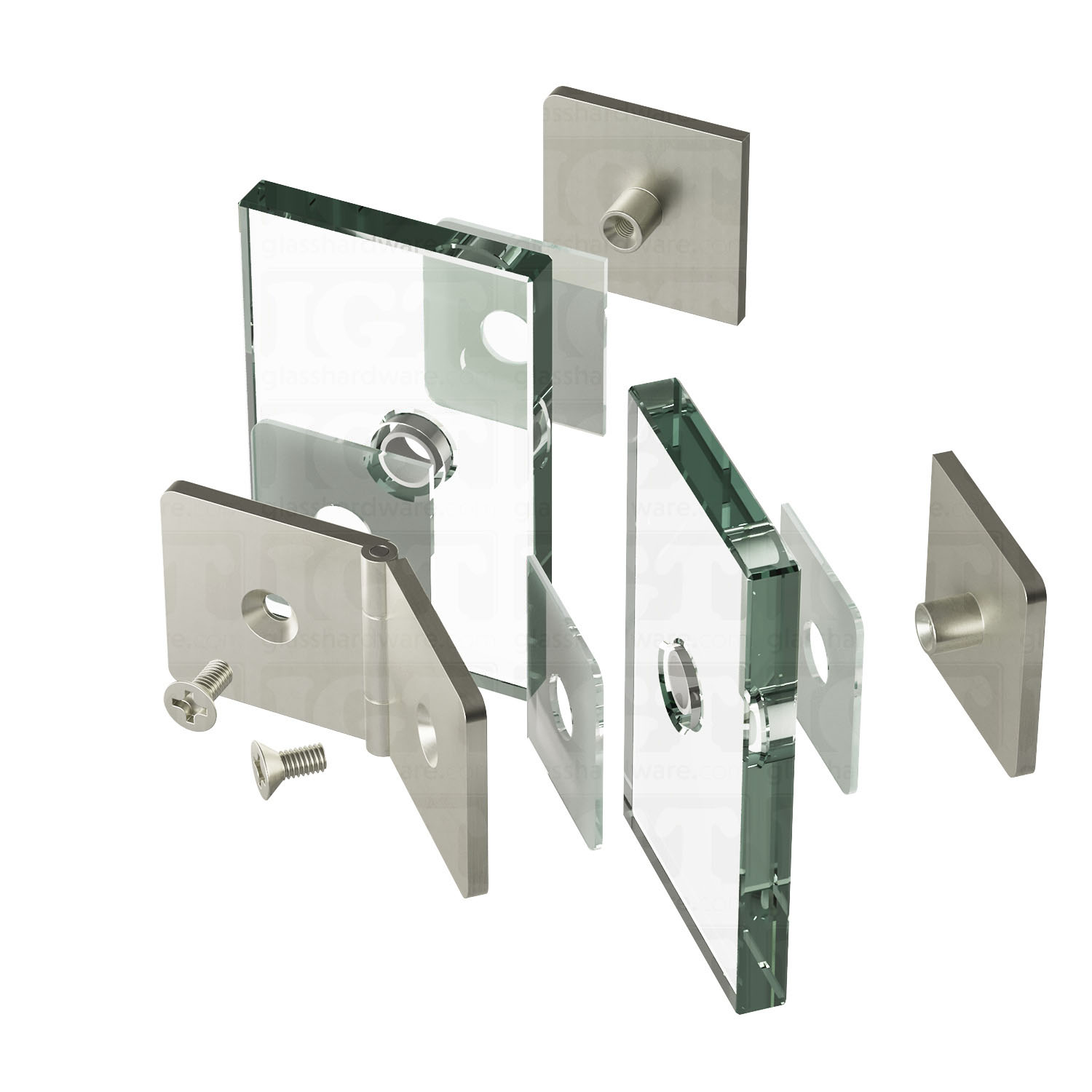 An exploded view of the Glass-to-Glass Adjustable Clamp, showcasing its installation components, including screws, hinge plates, and spacers. Brushed Nickel.