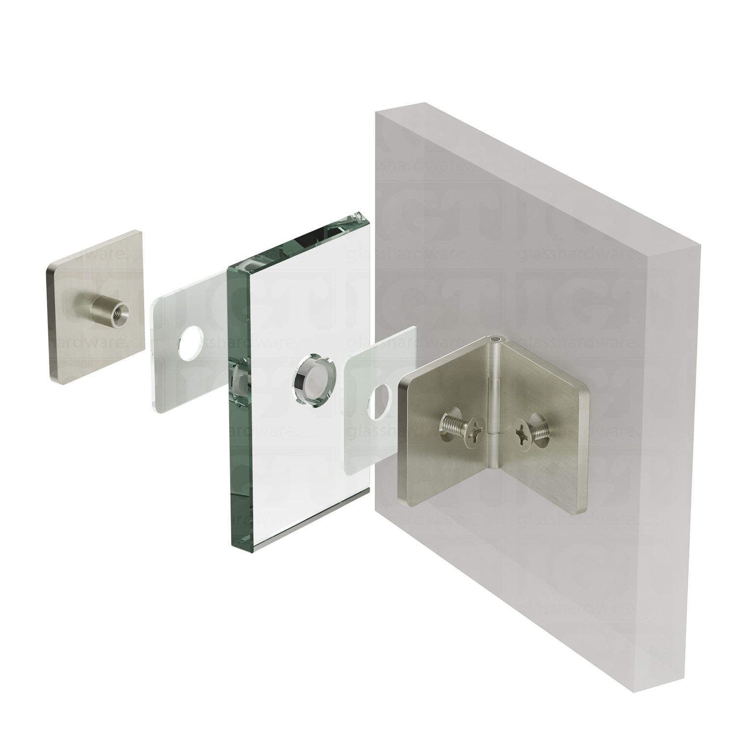 An exploded view of the Wall-to-Glass Adjustable Clamp placed on the wall, showcasing its installation components, including screws, hinge plates, and spacers. Brushed Nickel.