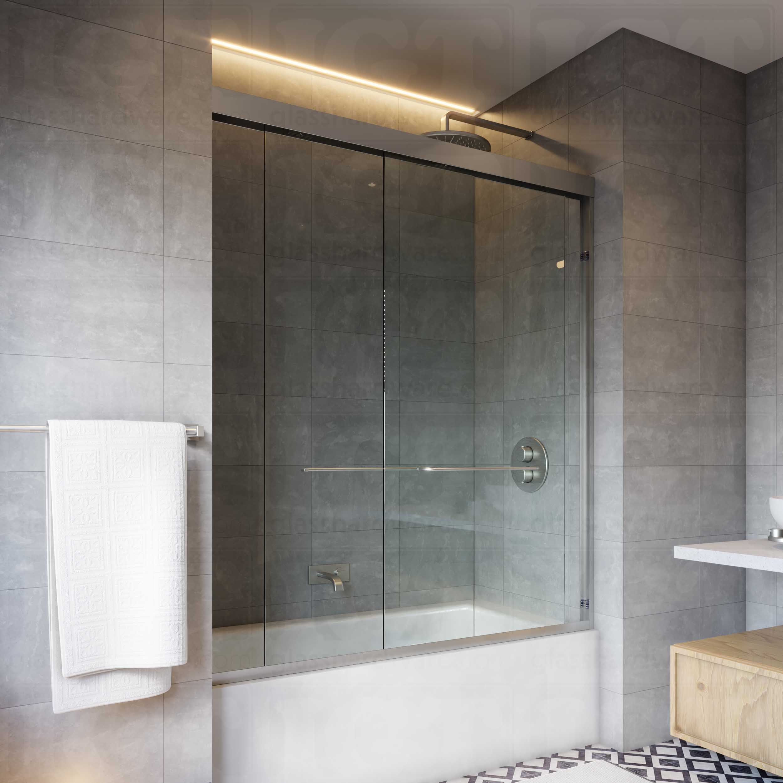 A sliding shower door installed on a modern bathroom, featuring four Bumpers for Bypass Sliding System. Chrome Polished.