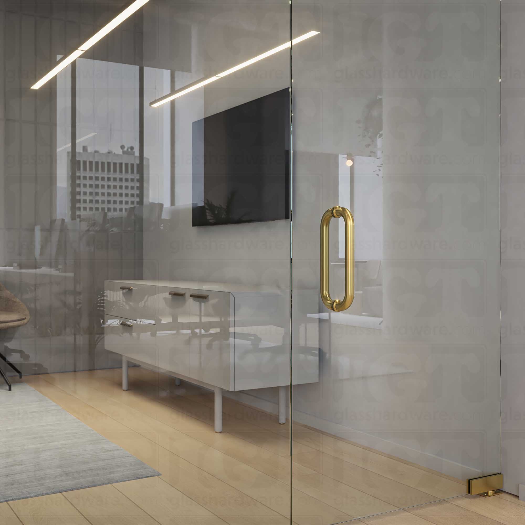 Another close-up of the 12-inch Back-to-Back Round Pull Handle in Gold Brushed, installed on a commercial glass door.