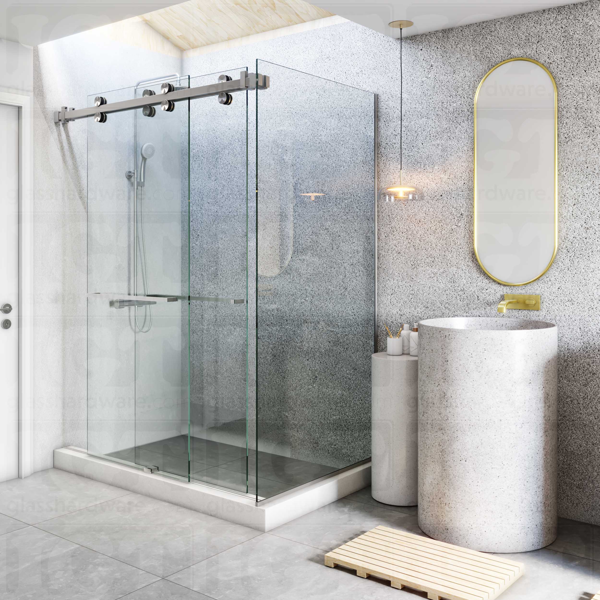 A modern bathroom with a glass shower sliding system, featuring 90 Degree Connectors joining the return and inline panels. Brushed Stainless.