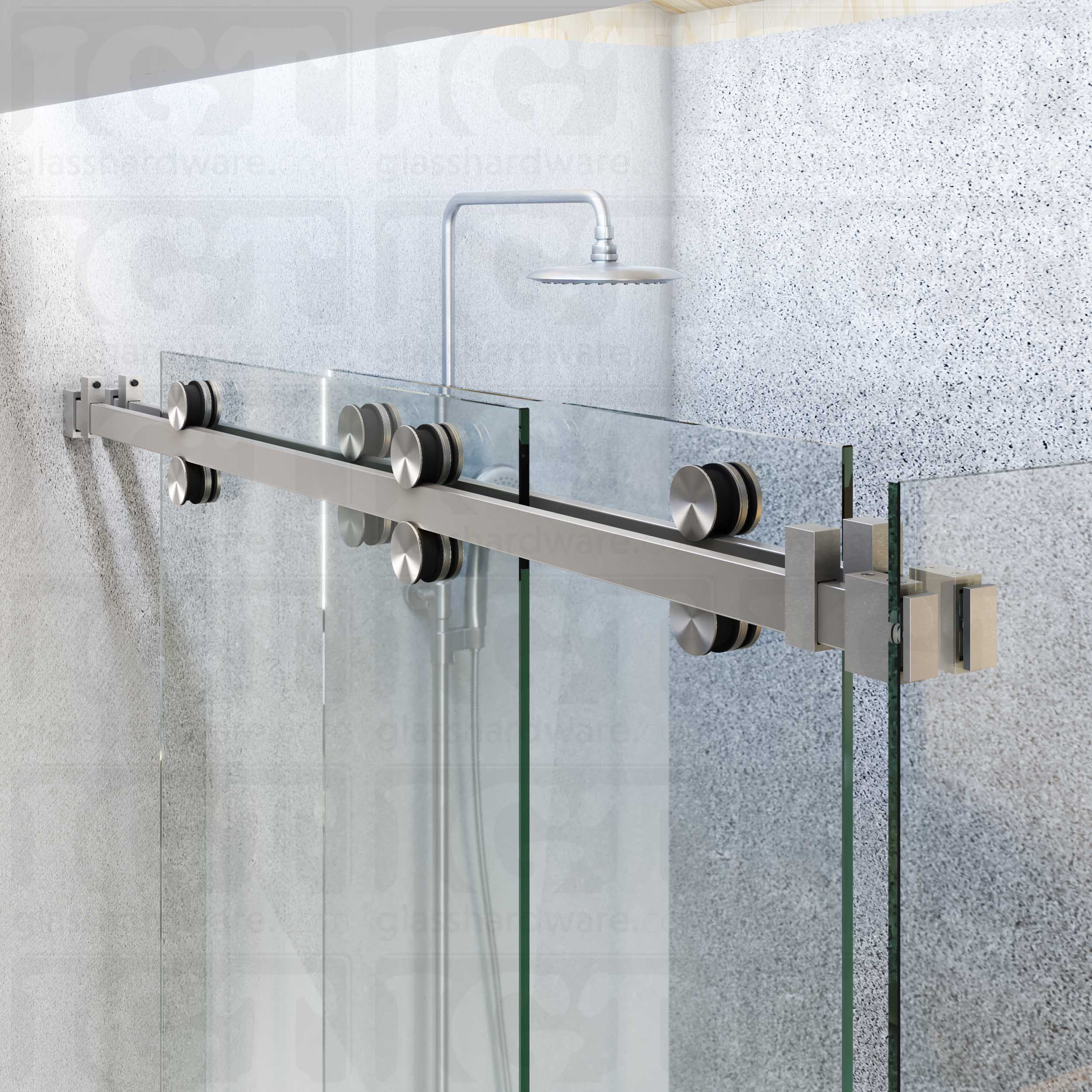 A close-up view of the sliding shower system's hardware, featuring the 90 Degree Connectors securing a return panel. Brushed Stainless.