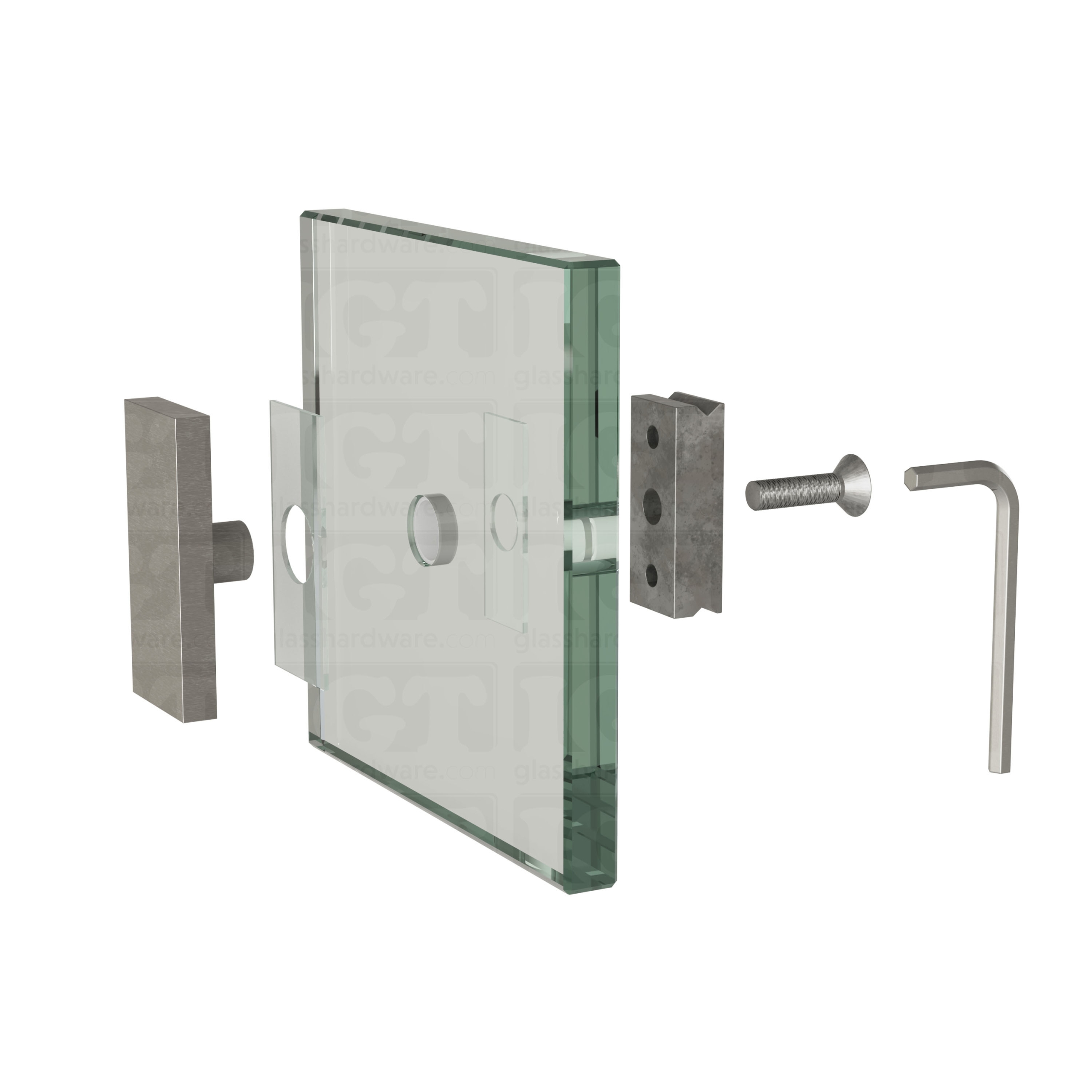 An exploded view of a 90 Degree Connector assembly. The image shows the connector's components being fitted onto a glass panel. Brushed Stainless.