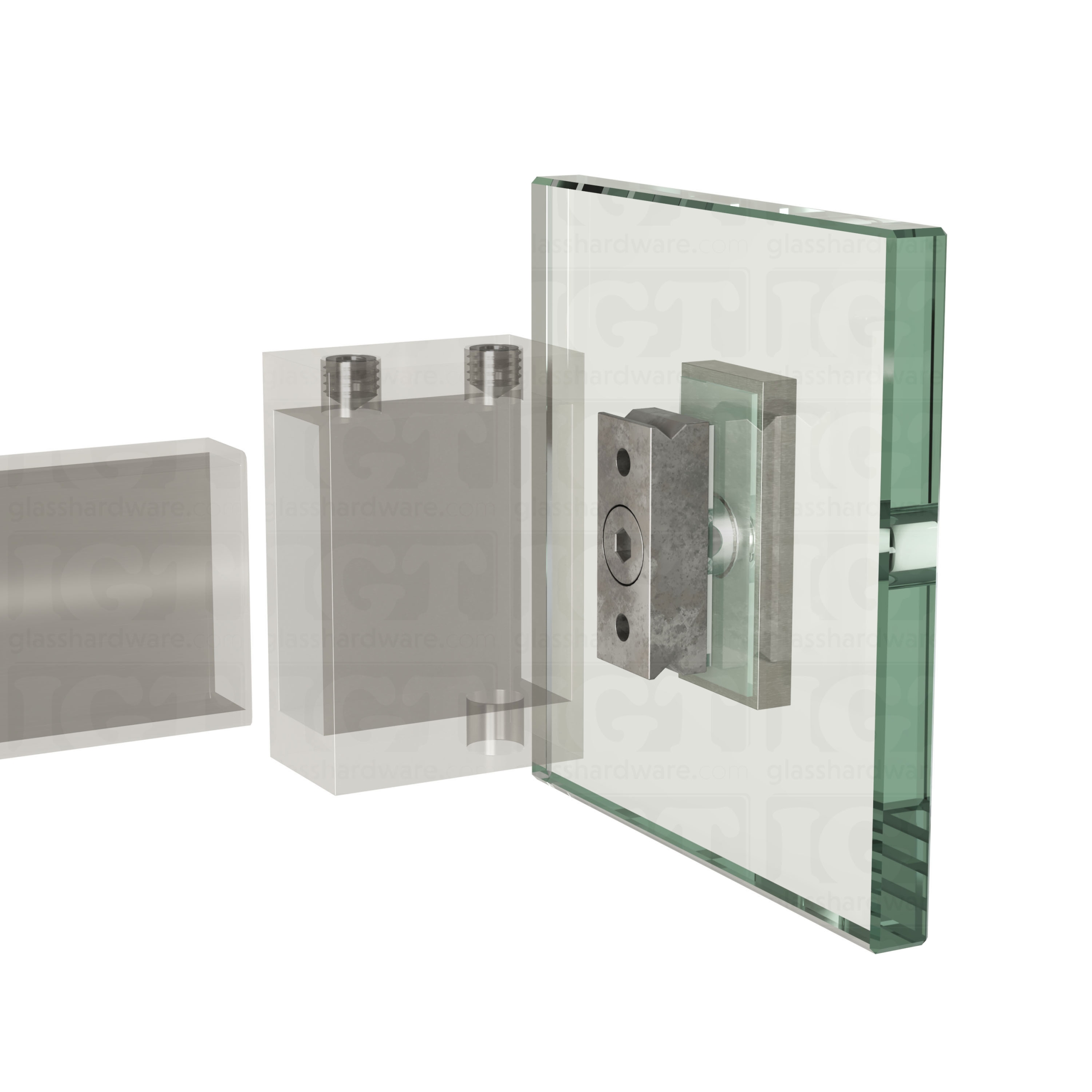 An exploded view of a 90 Degree Connector being fitted onto the sliding system's wall mount fitting. Brushed Stainless.