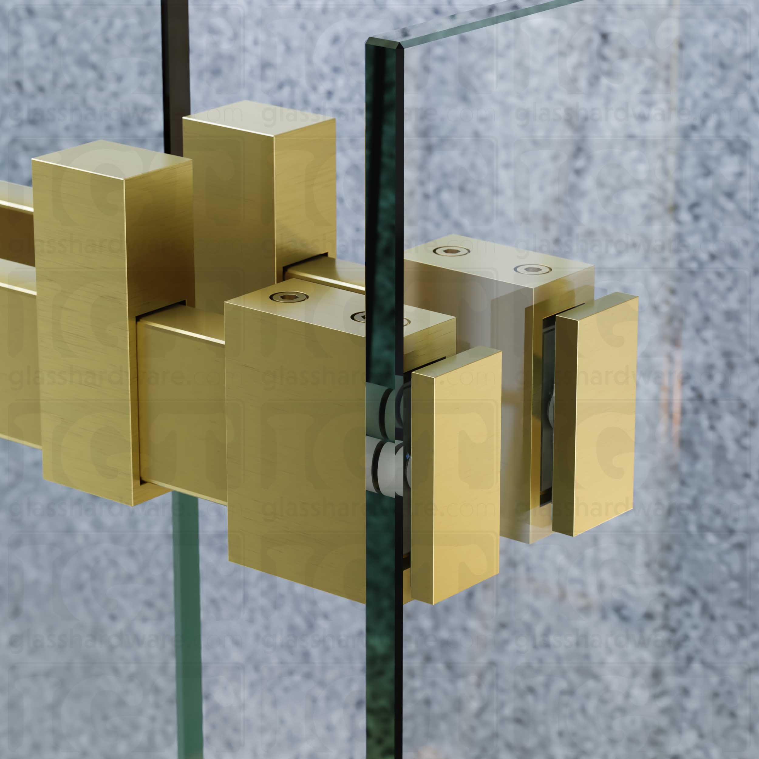 A close up view of the 90 Degree Connectors installed on a sliding shower door system. Gold Brushed.
