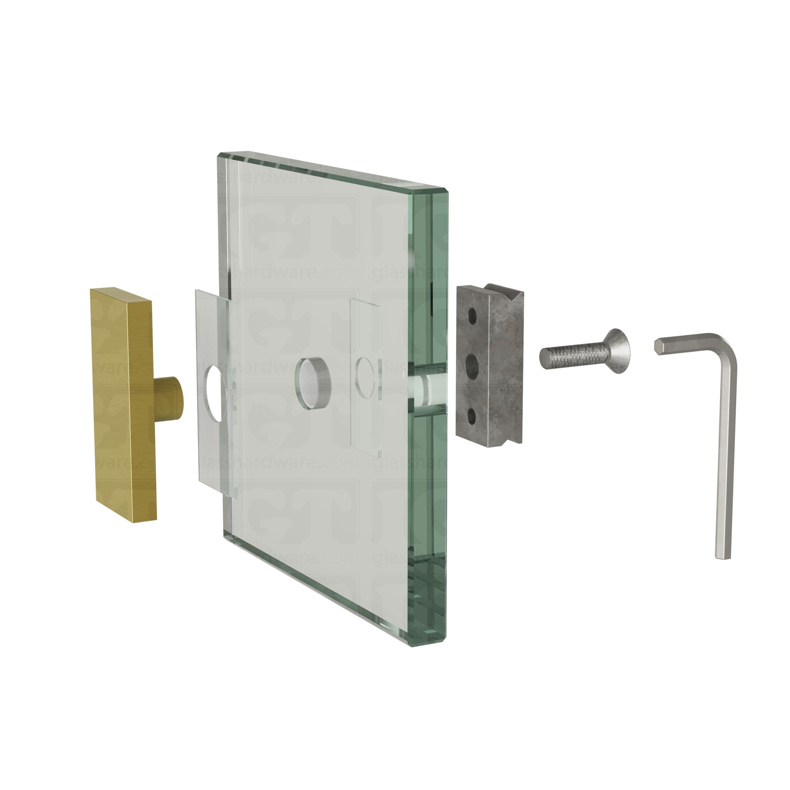 An exploded view of a 90 Degree Connector assembly. The image shows the connector's components being fitted onto a glass panel. Gold Brushed.
