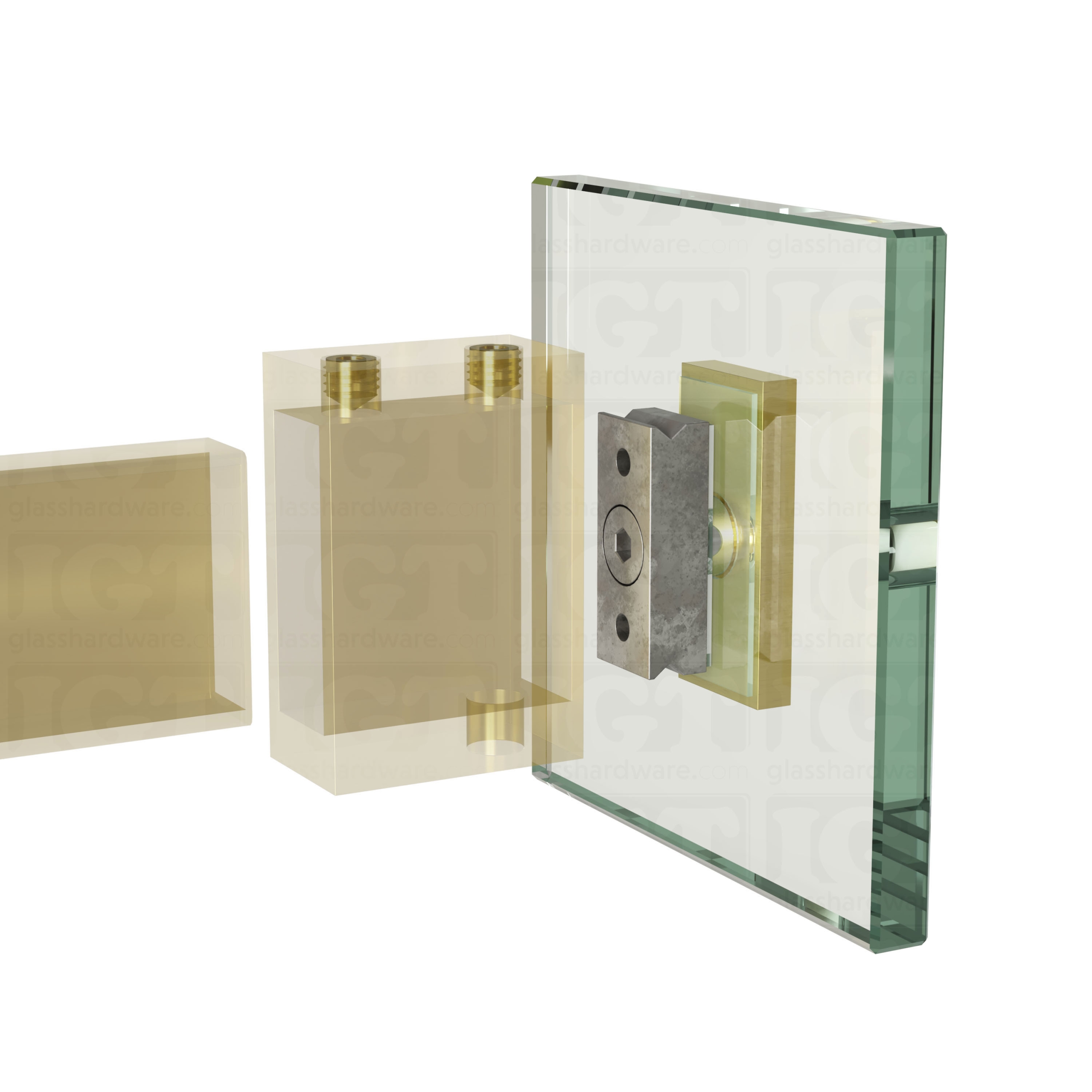 An exploded view of a 90 Degree Connector being fitted onto the sliding system's wall mount fitting. Gold Brushed.