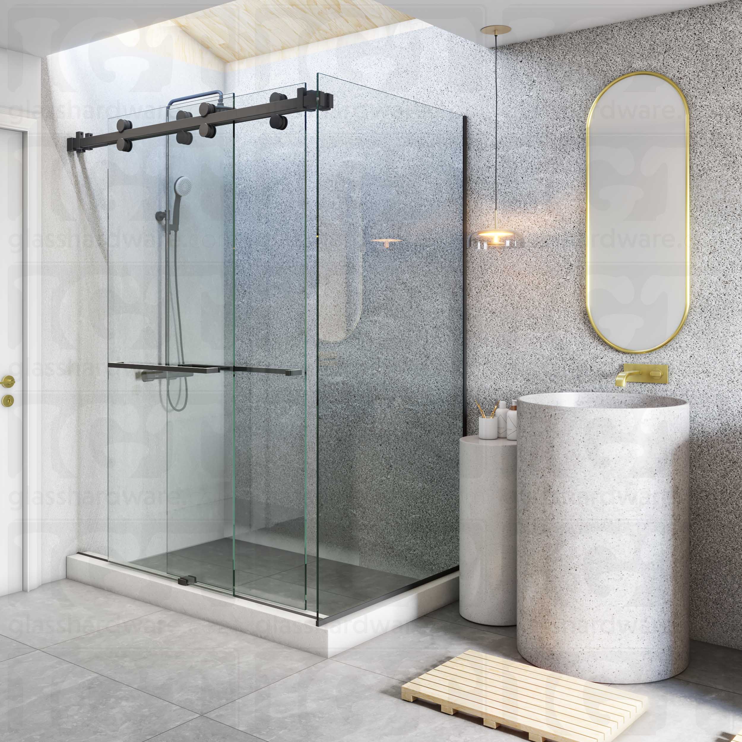 A modern bathroom with a sliding shower door system featuring 90 Degree Connectors joining the return and inline panels. Matte Black.