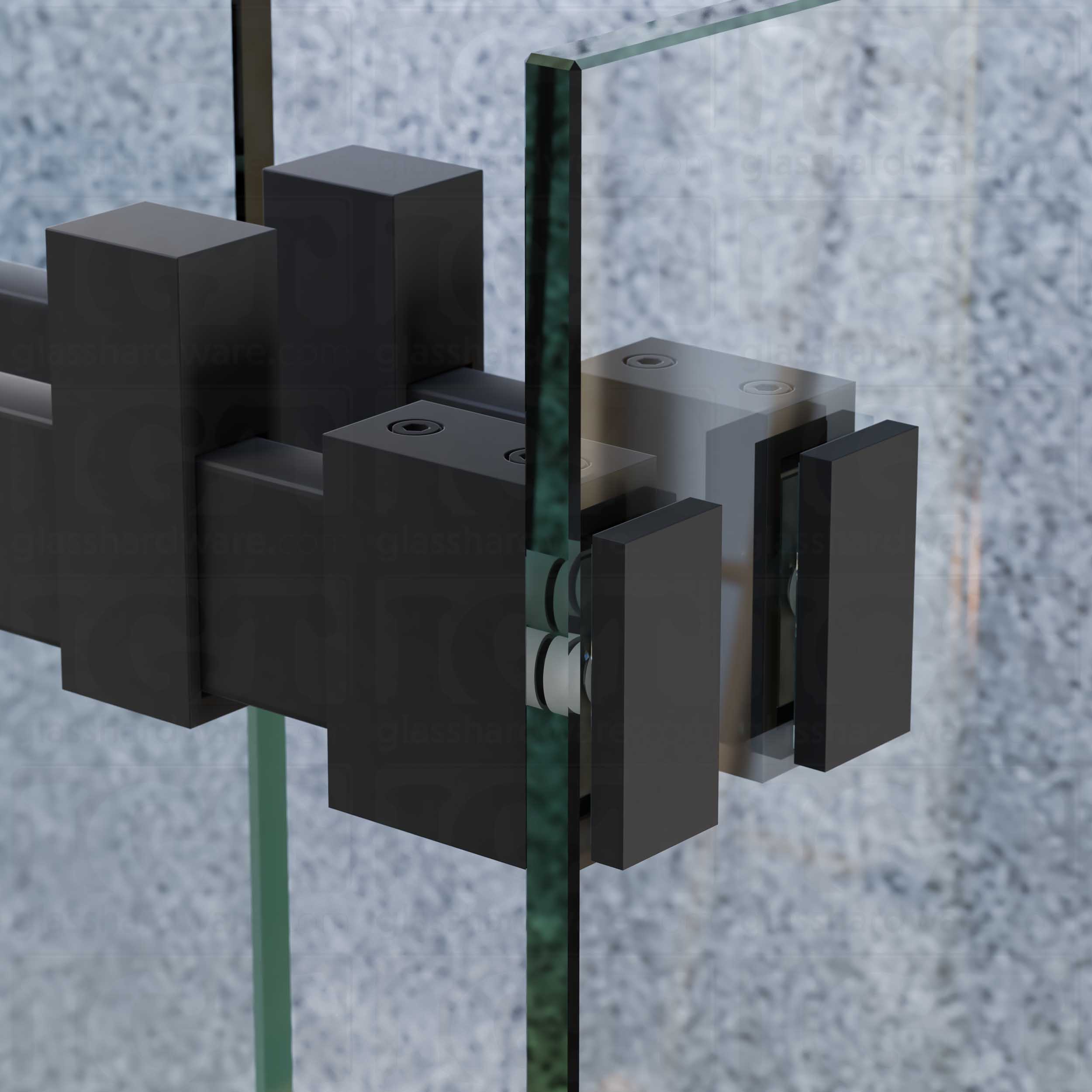 A close up view of the 90 Degree Connectors installed on a sliding shower door system. Matte Black.