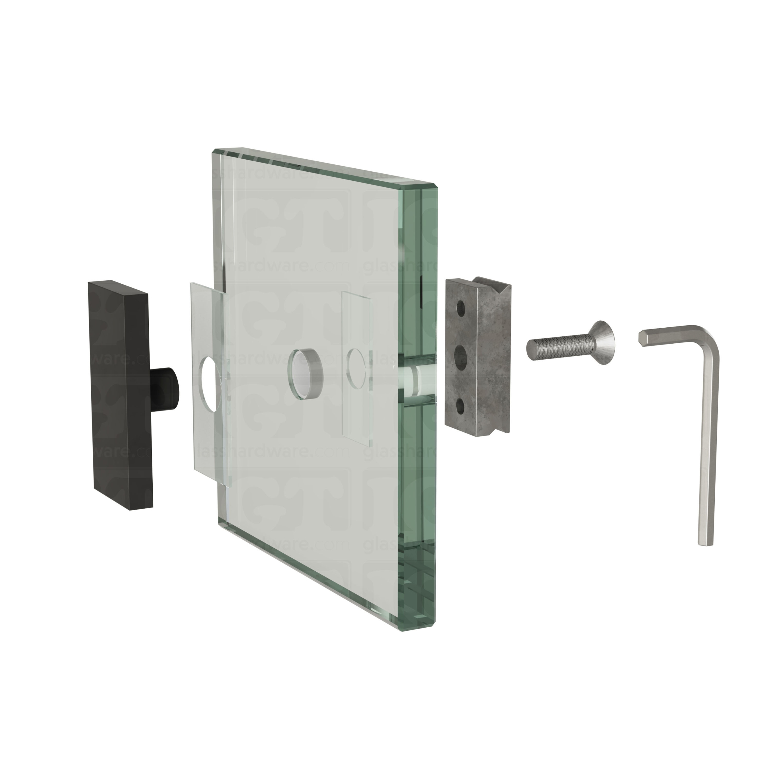 An exploded view of a 90 Degree Connector assembly. The image shows the connector's components being fitted onto a glass panel. Matte Black.