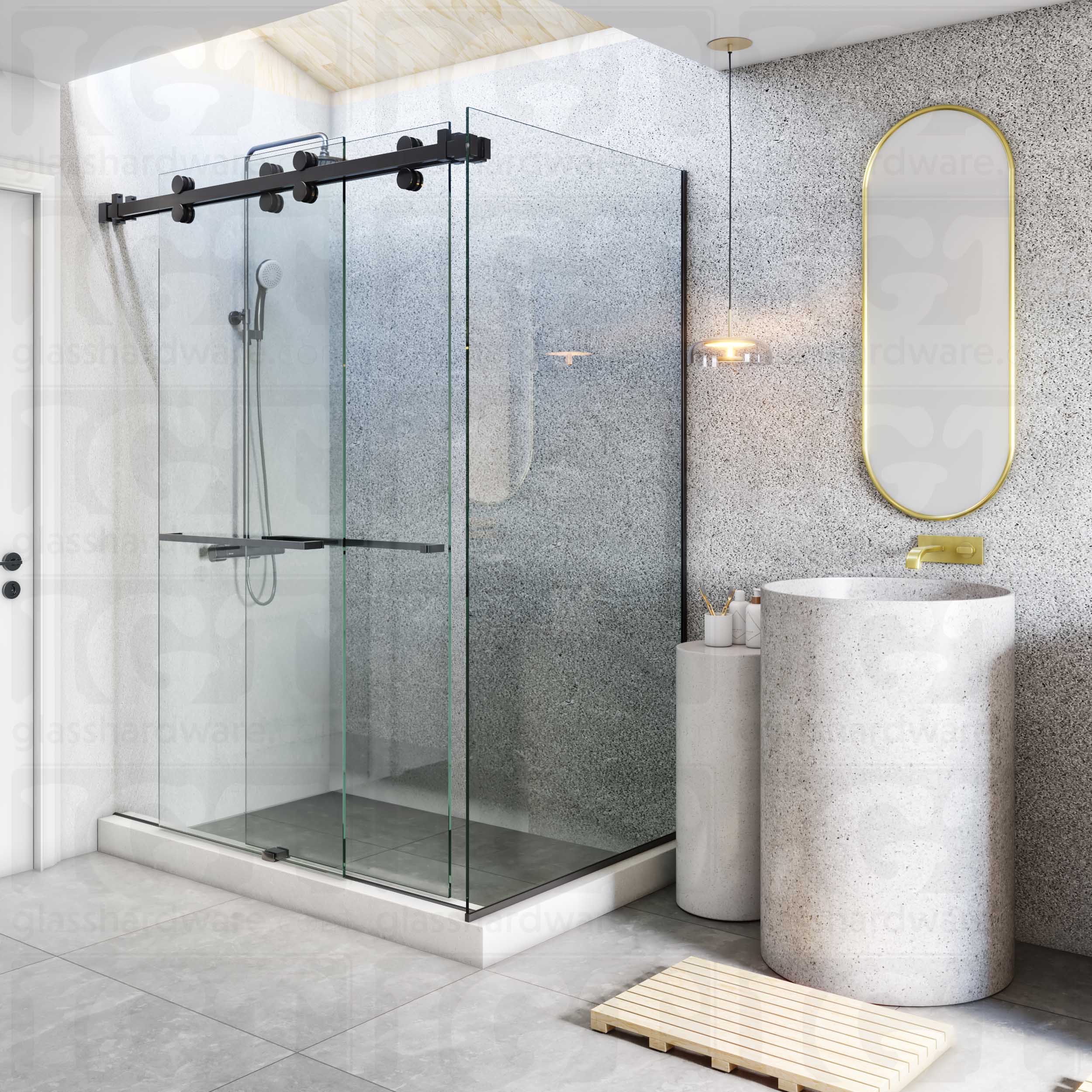 A modern bathroom with a sliding shower door system featuring 90 Degree Connectors joining the return and inline panels. Polished Gun Metal.