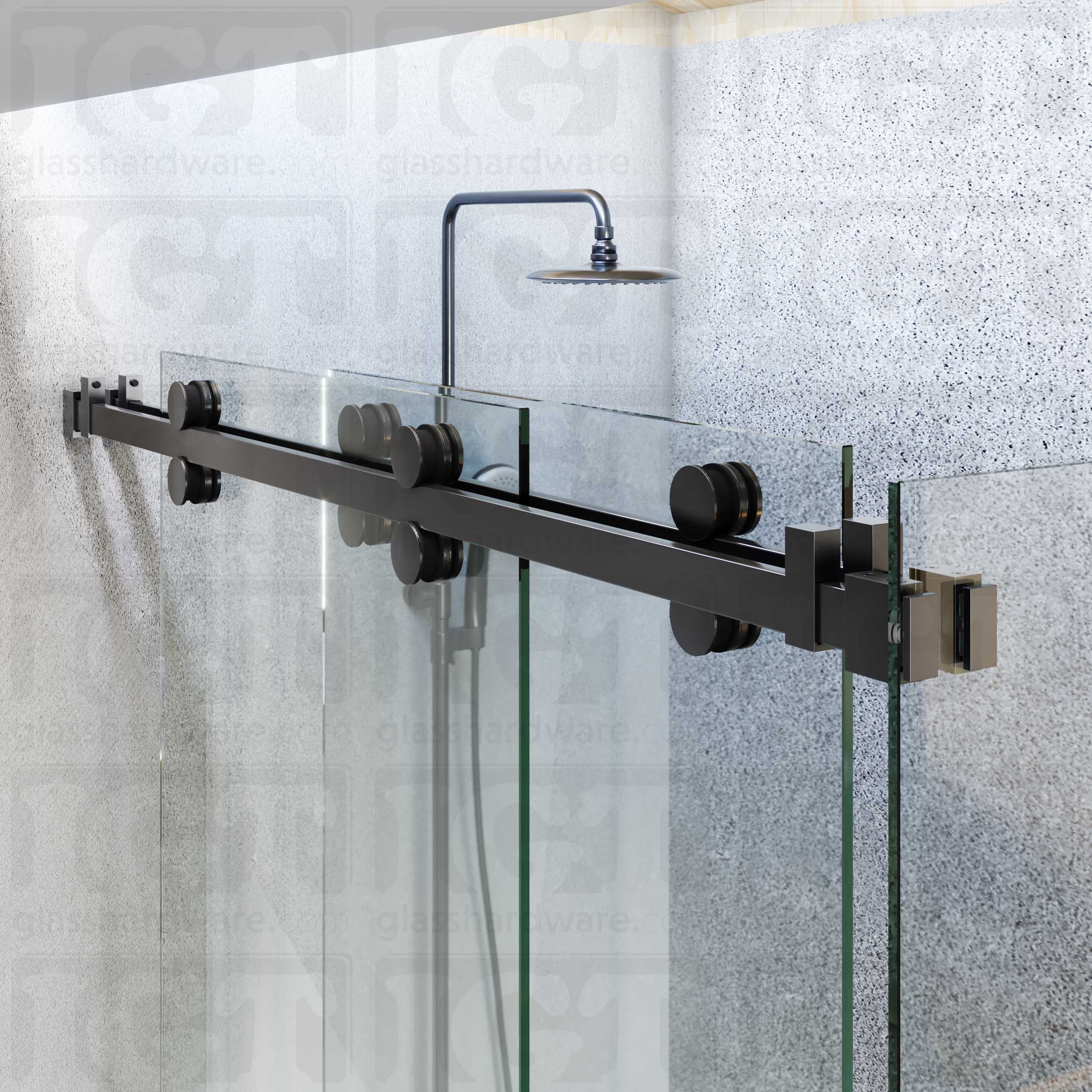 A close-up view of the sliding door system's hardware, featuring the 90 Degree Connectors securing a return panel. Polished Gun Metal.