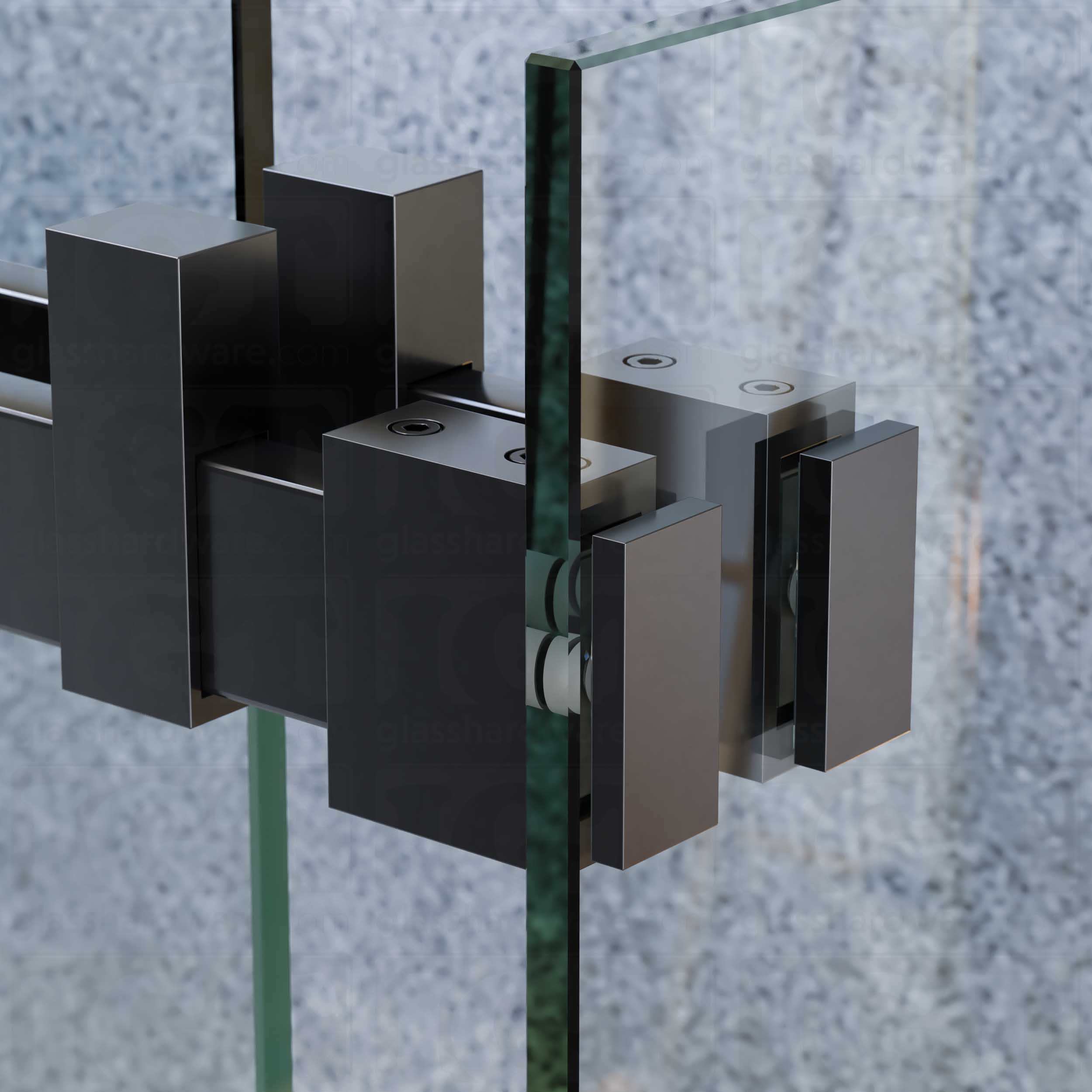 A close up view of the 90 Degree Connectors installed on a sliding shower door system. Polished Gun Metal.
