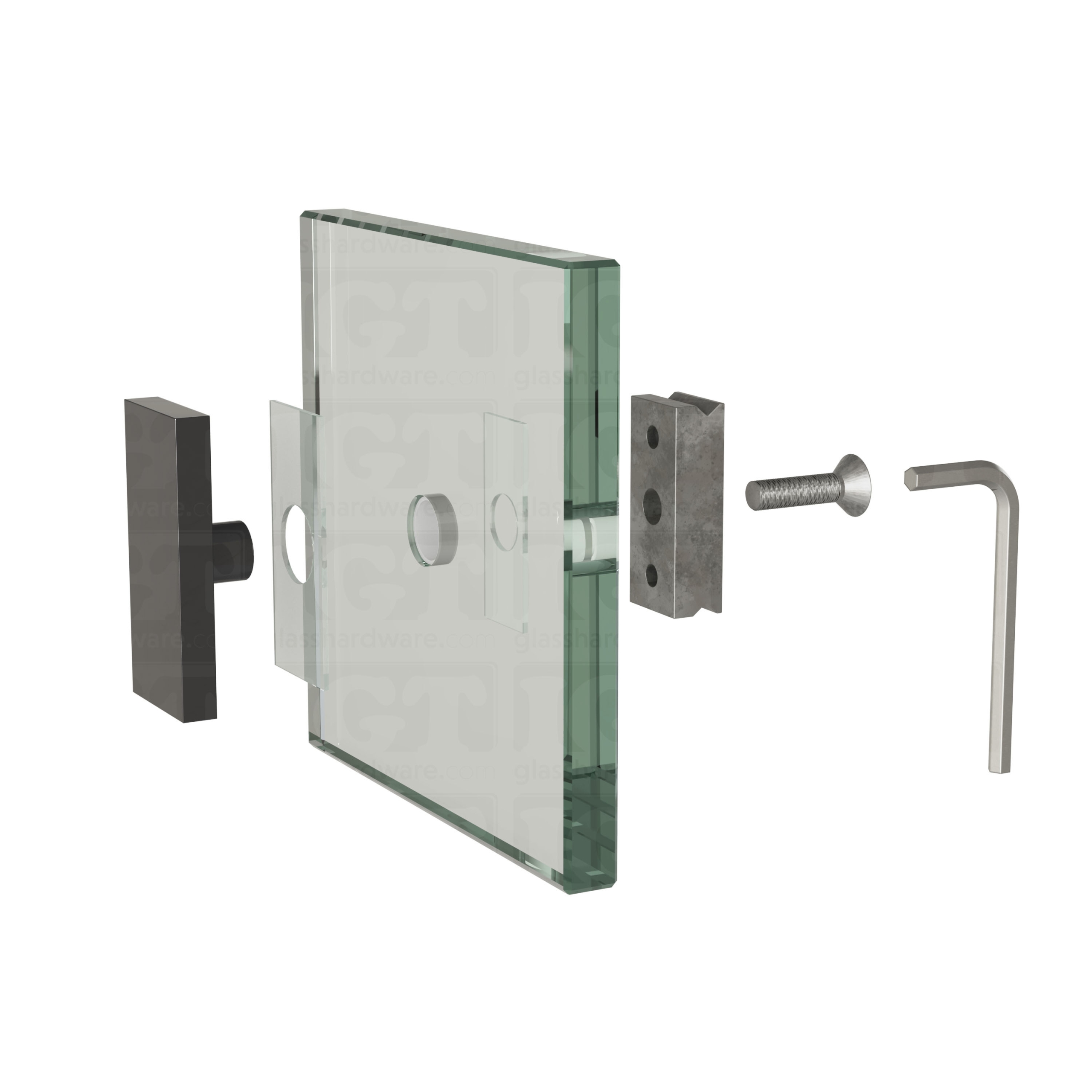 An exploded view of a 90 Degree Connector assembly. The image shows the connector's components being fitted onto a glass panel. Polished Gun Metal.