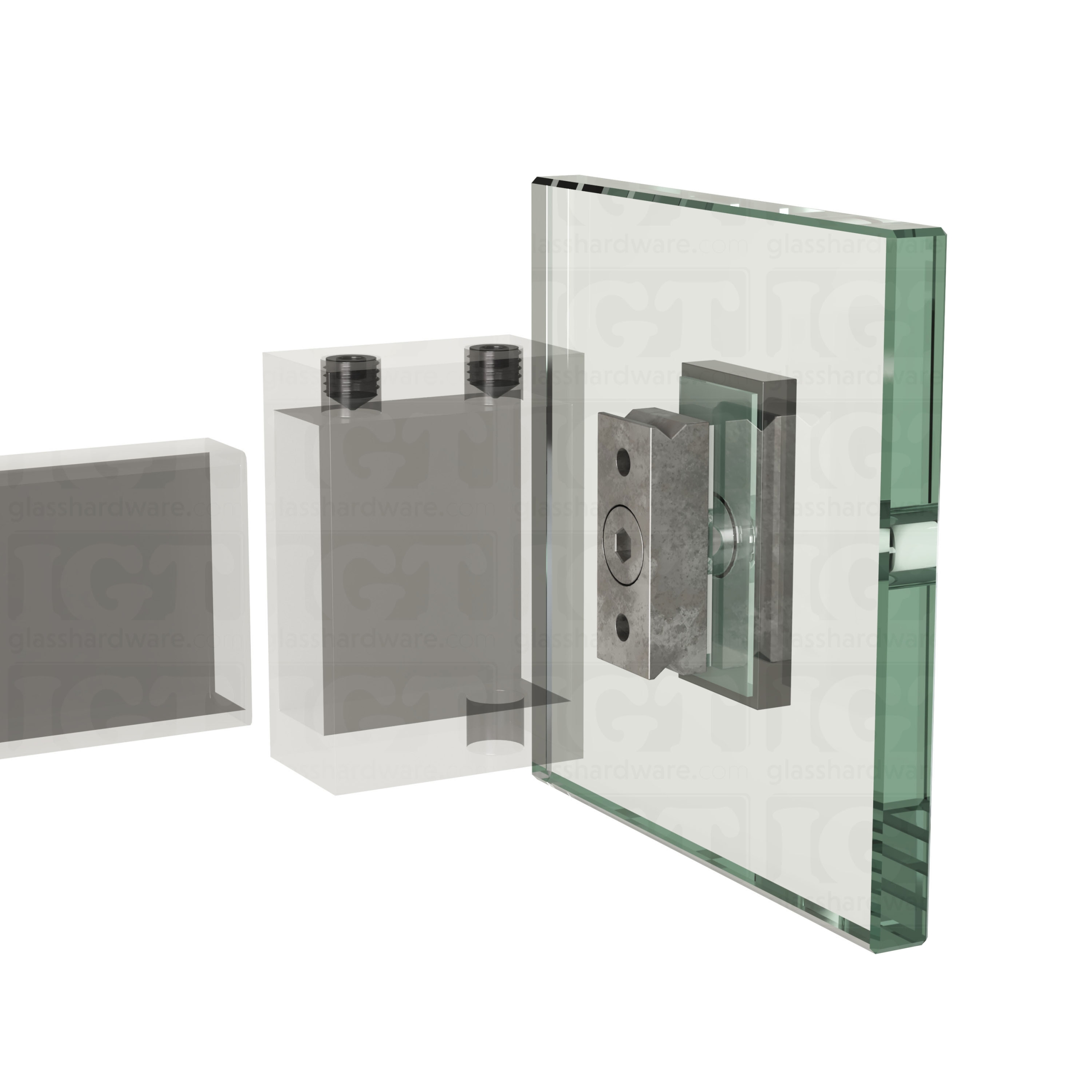 An exploded view of a 90 Degree Connector being fitted onto the sliding system's wall mount fitting. Polished Gun Metal.