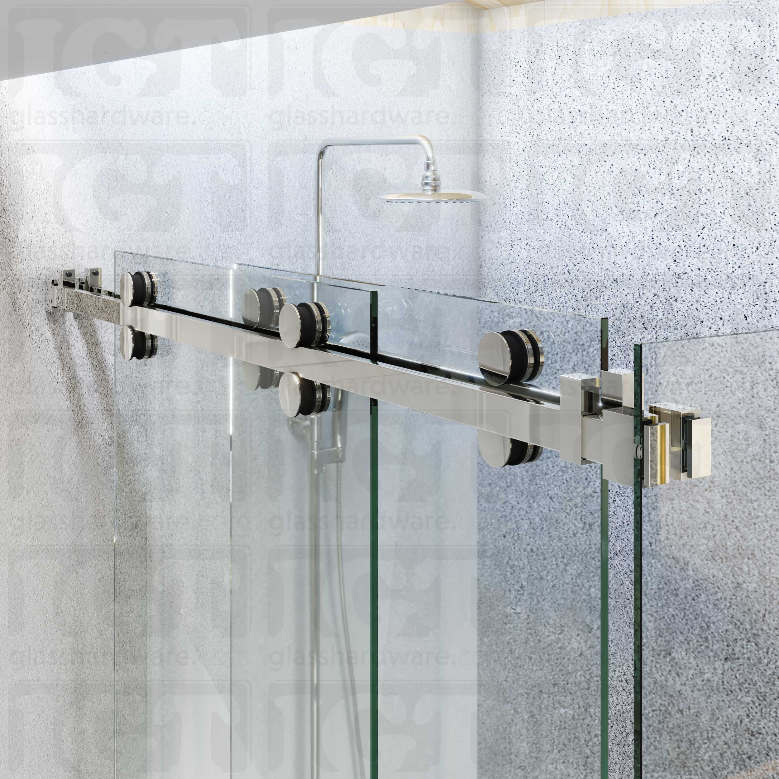 A close-up view of the sliding door system's hardware, featuring the 90 Degree Connectors securing a return panel. Polished Stainless.