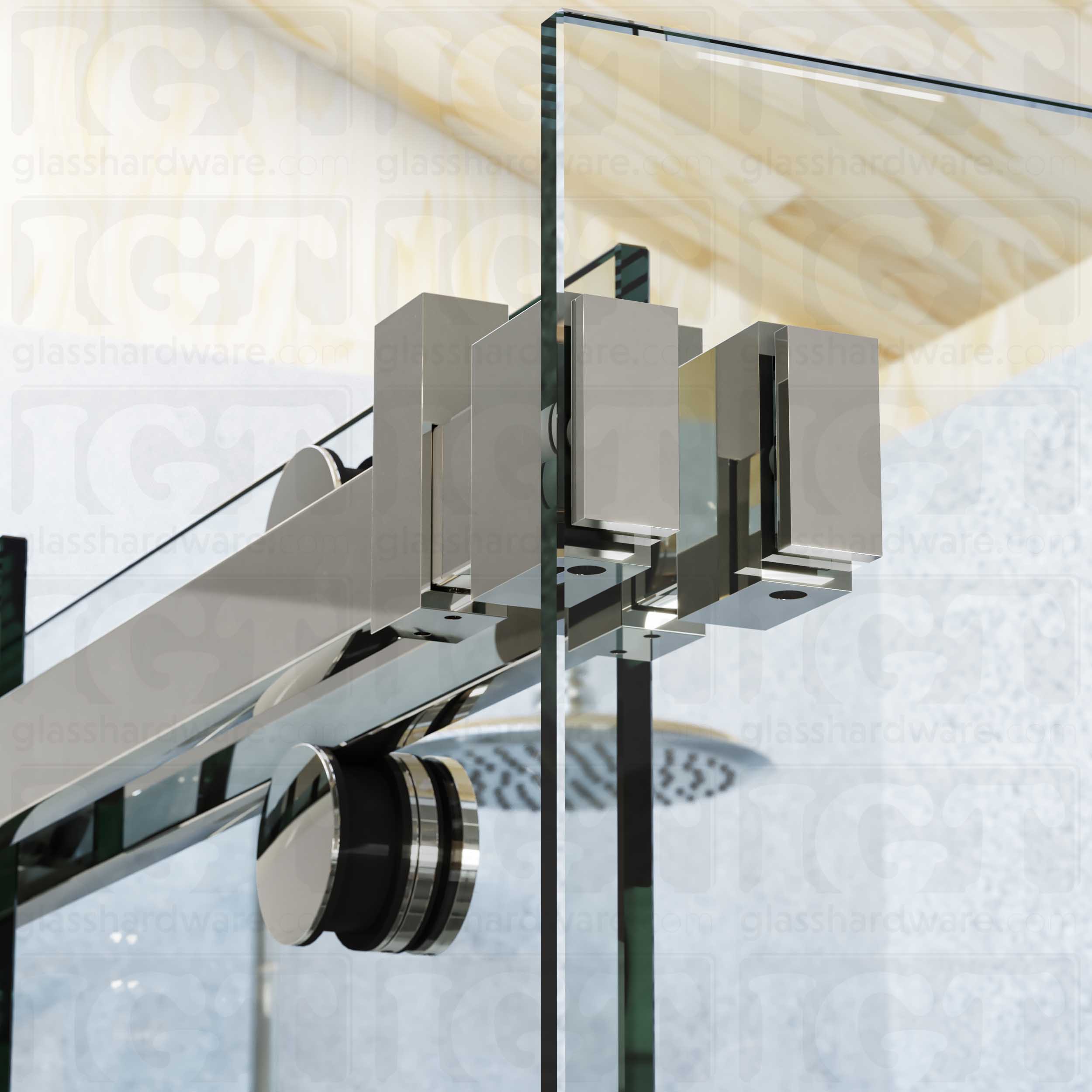 A close up view of the 90 Degree Connectors installed on a sliding shower door system. Polished Stainless.