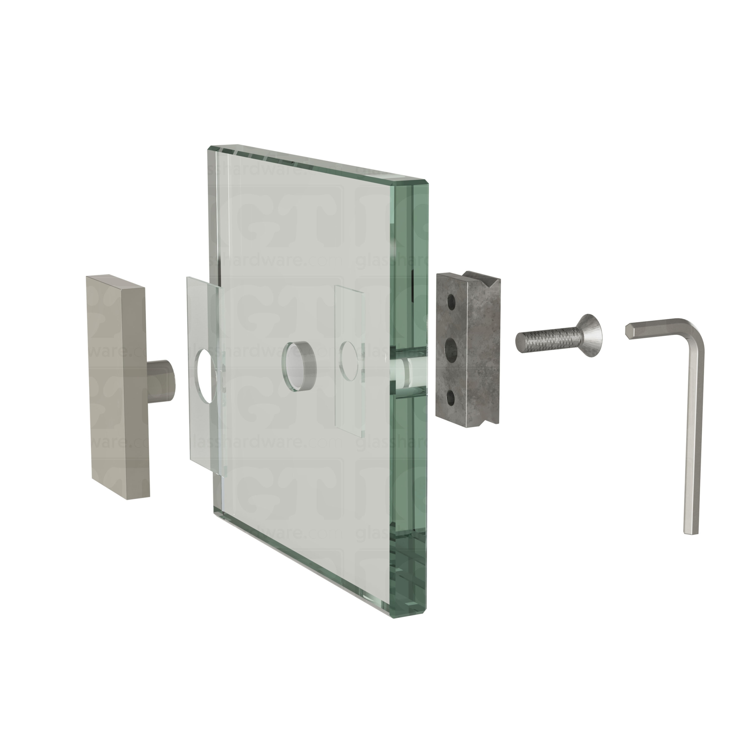 An exploded view of a 90 Degree Connector assembly. The image shows the connector's components being fitted onto a glass panel. Polished Stainless.