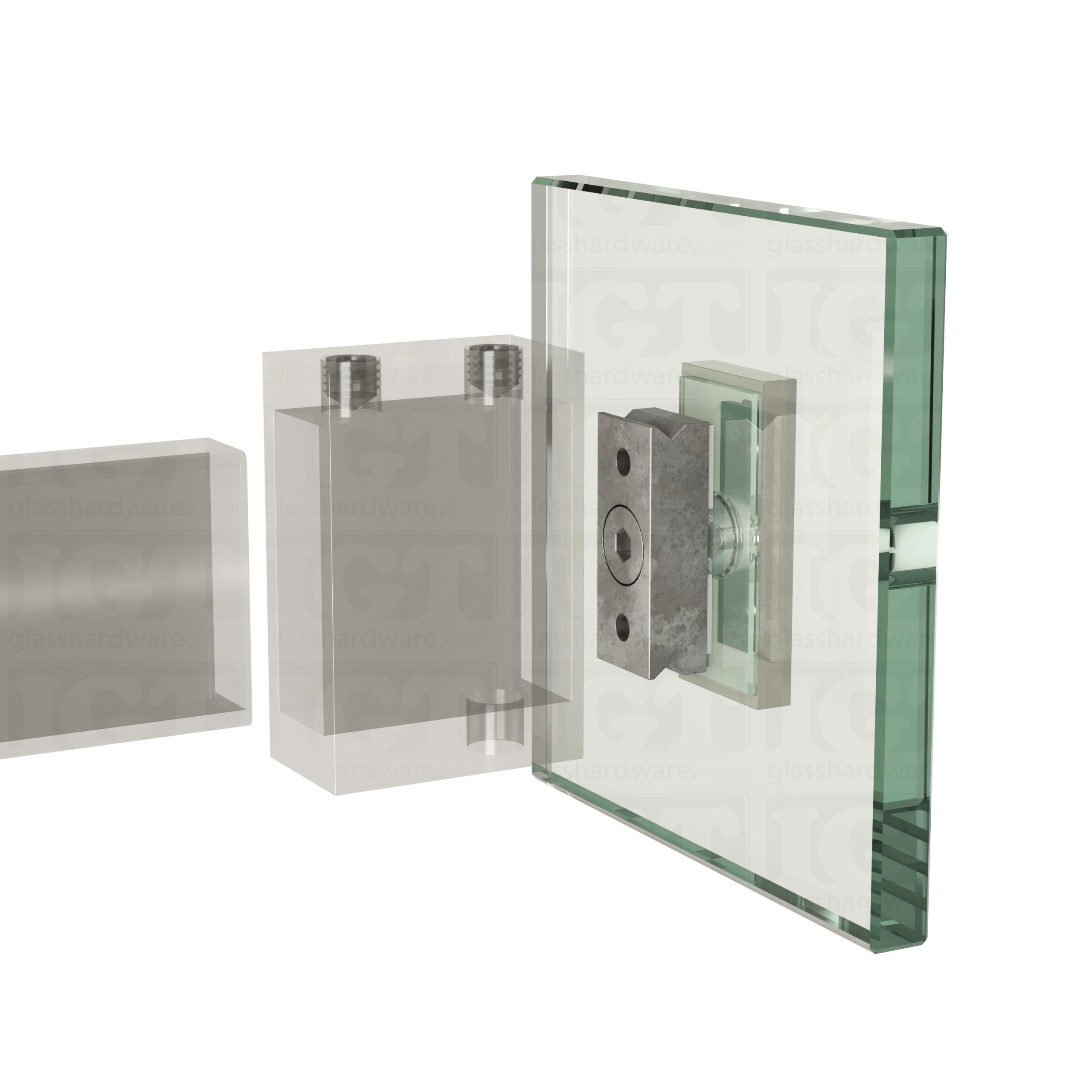 An exploded view of a 90 Degree Connector being fitted onto the sliding system's wall mount fitting. Polished Stainless.