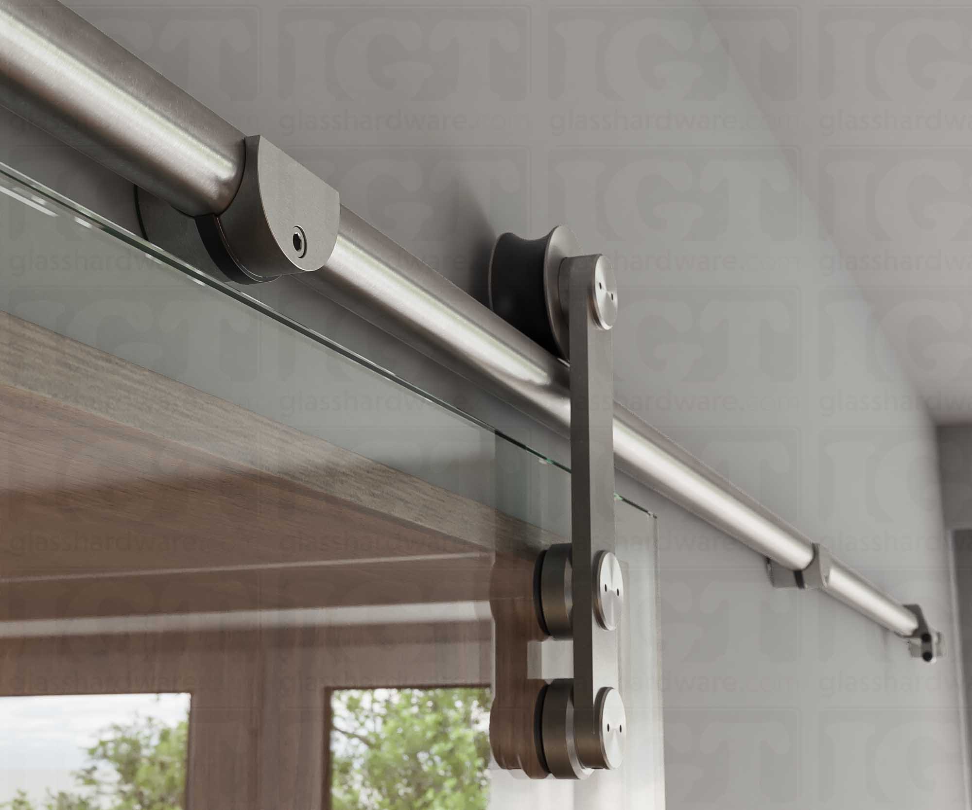 A close up of the Wall Mount Bracket holding the barn door's upper track. Brushed Stainless.