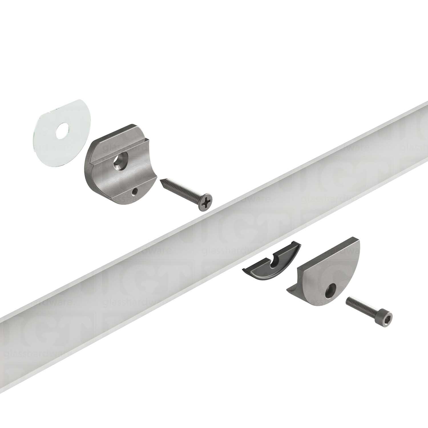 Exploded view of a Wall Mount Bracket for Barn Door assembly. The bracket's plates and screws are coming together to hold the upper track. Brushed Stainless.