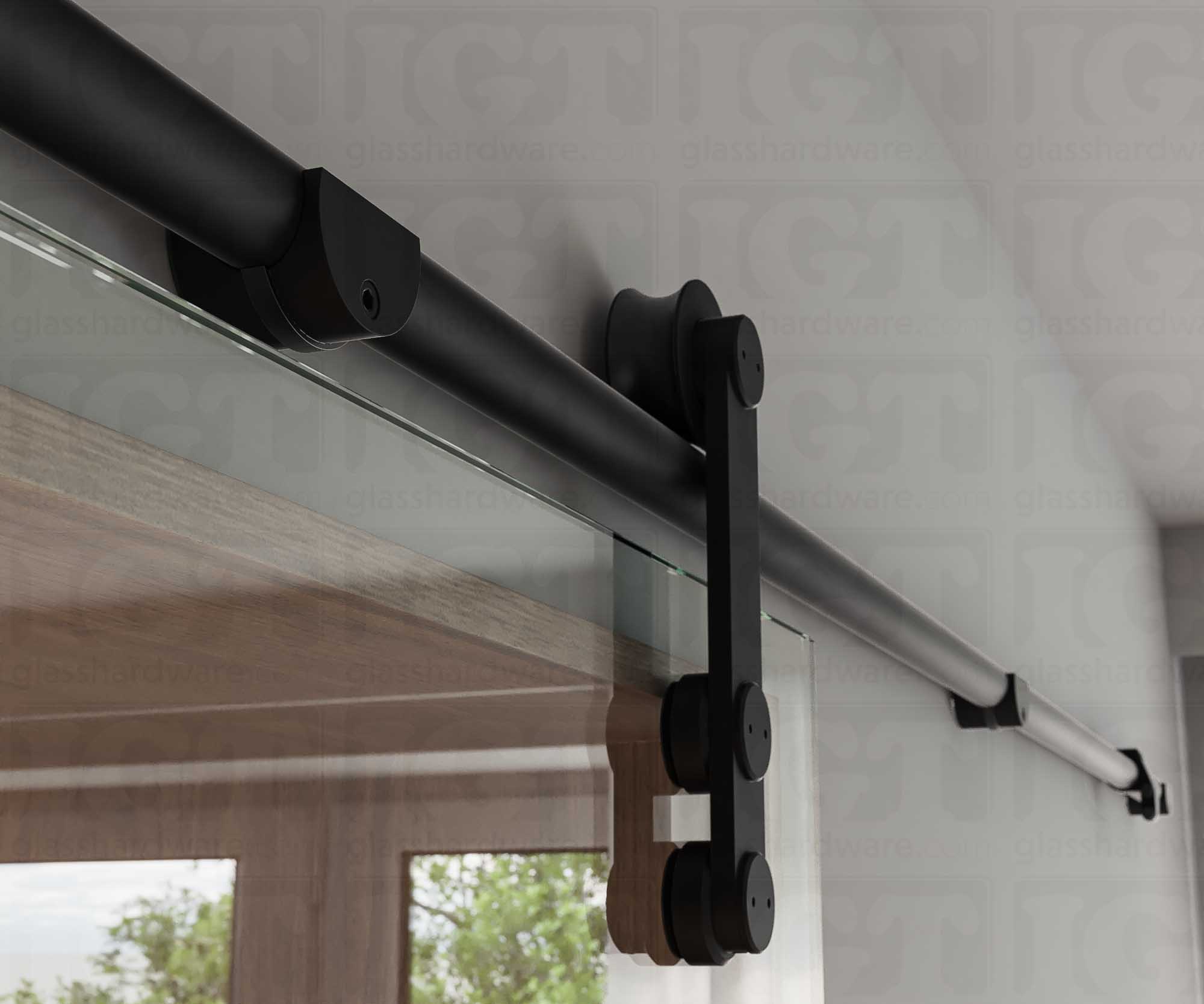 A close up of the Wall Mount Bracket holding the barn door's upper track. Matte Black.