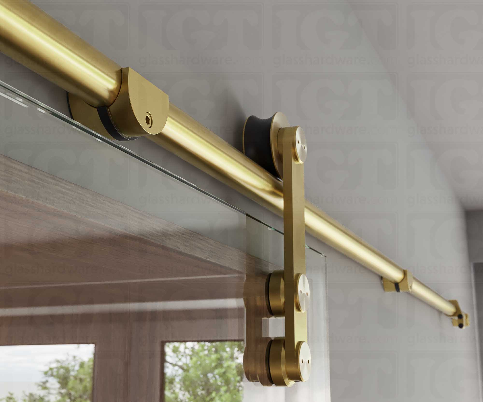 A close up of the Wall Mount Bracket holding the barn door's upper track. Gold Brushed.