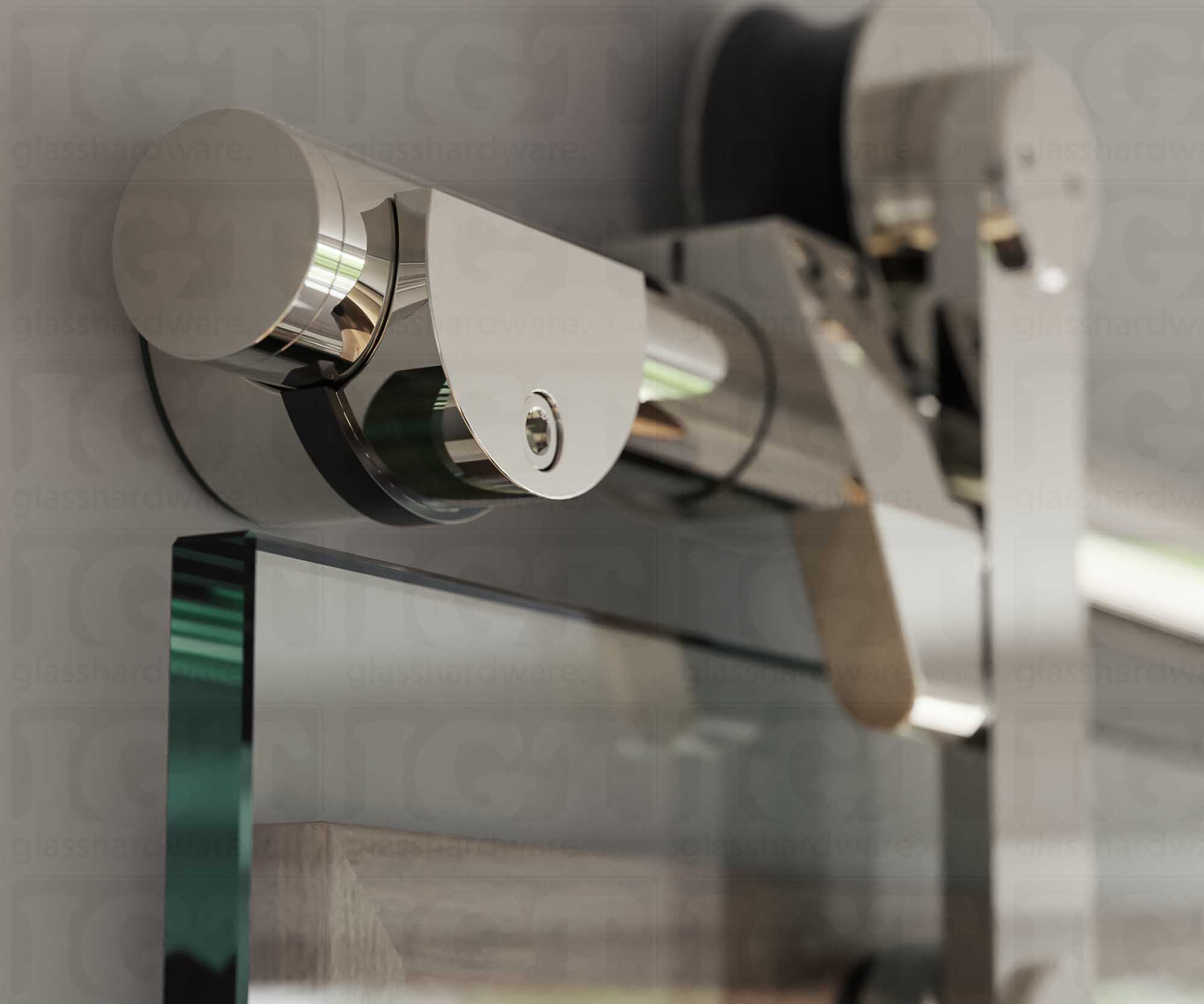 A close up of the Wall Mount Bracket holding the barn door's upper track. Polished Stainless.