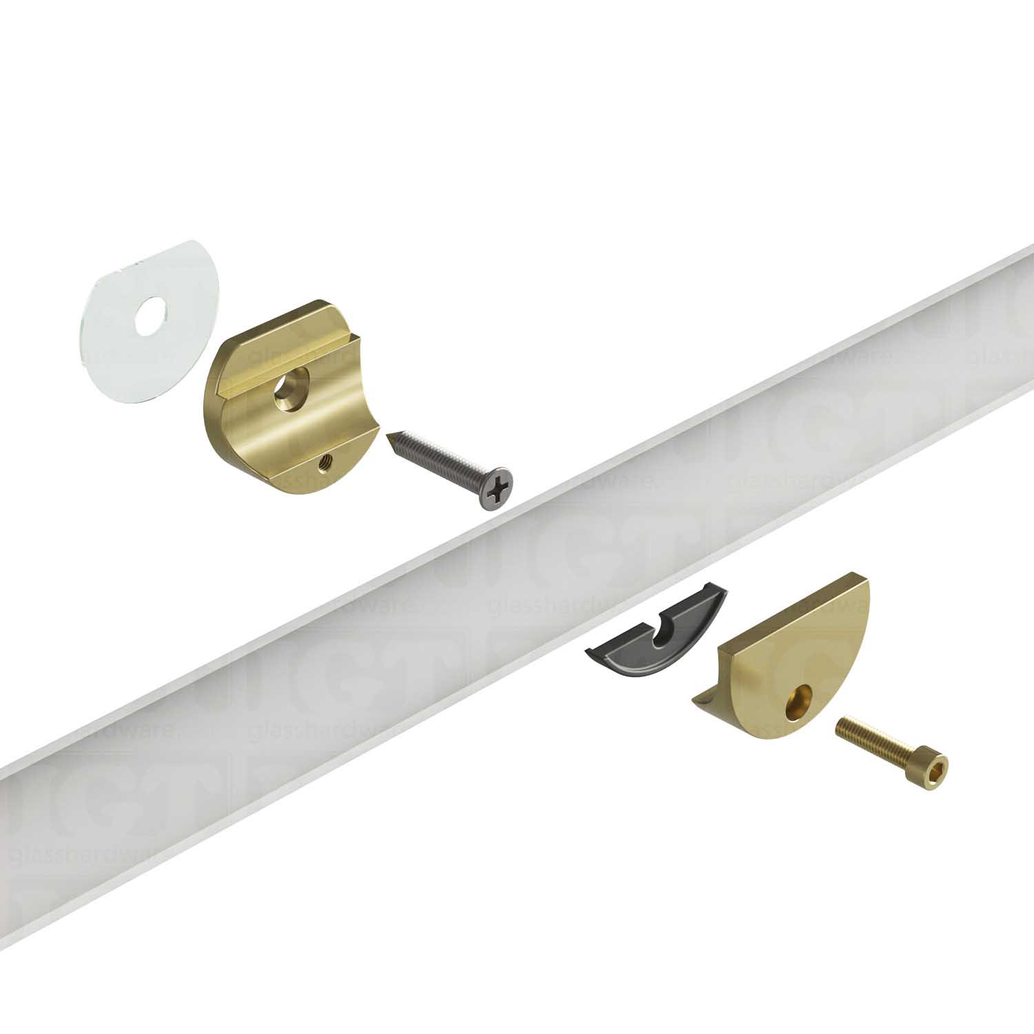 Exploded view of a Wall Mount Bracket for Barn Door assembly. The bracket's plates and screws are coming together to hold the upper track. Gold Brushed.