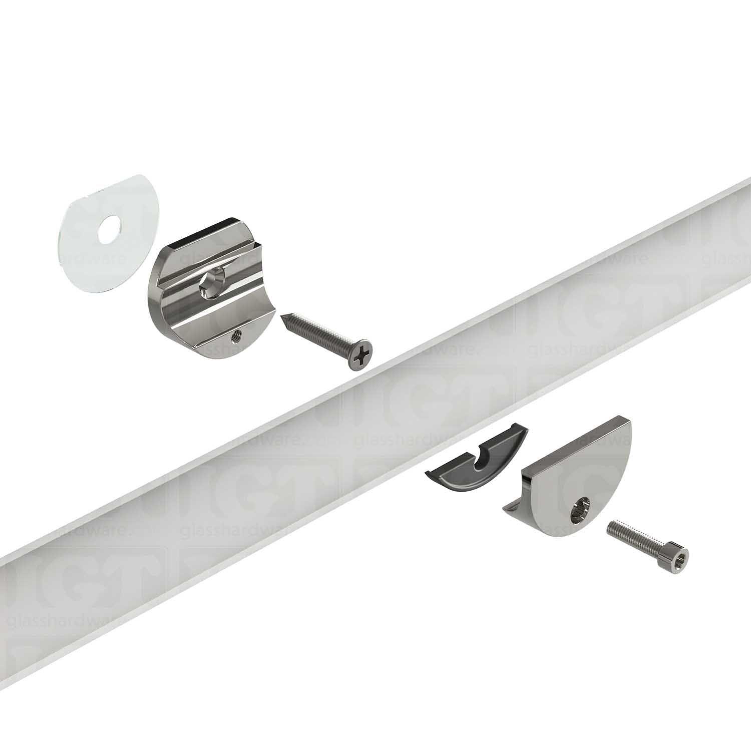 Exploded view of a Wall Mount Bracket for Barn Door assembly. The bracket's plates and screws are coming together to hold the upper track. Polished Stainless.