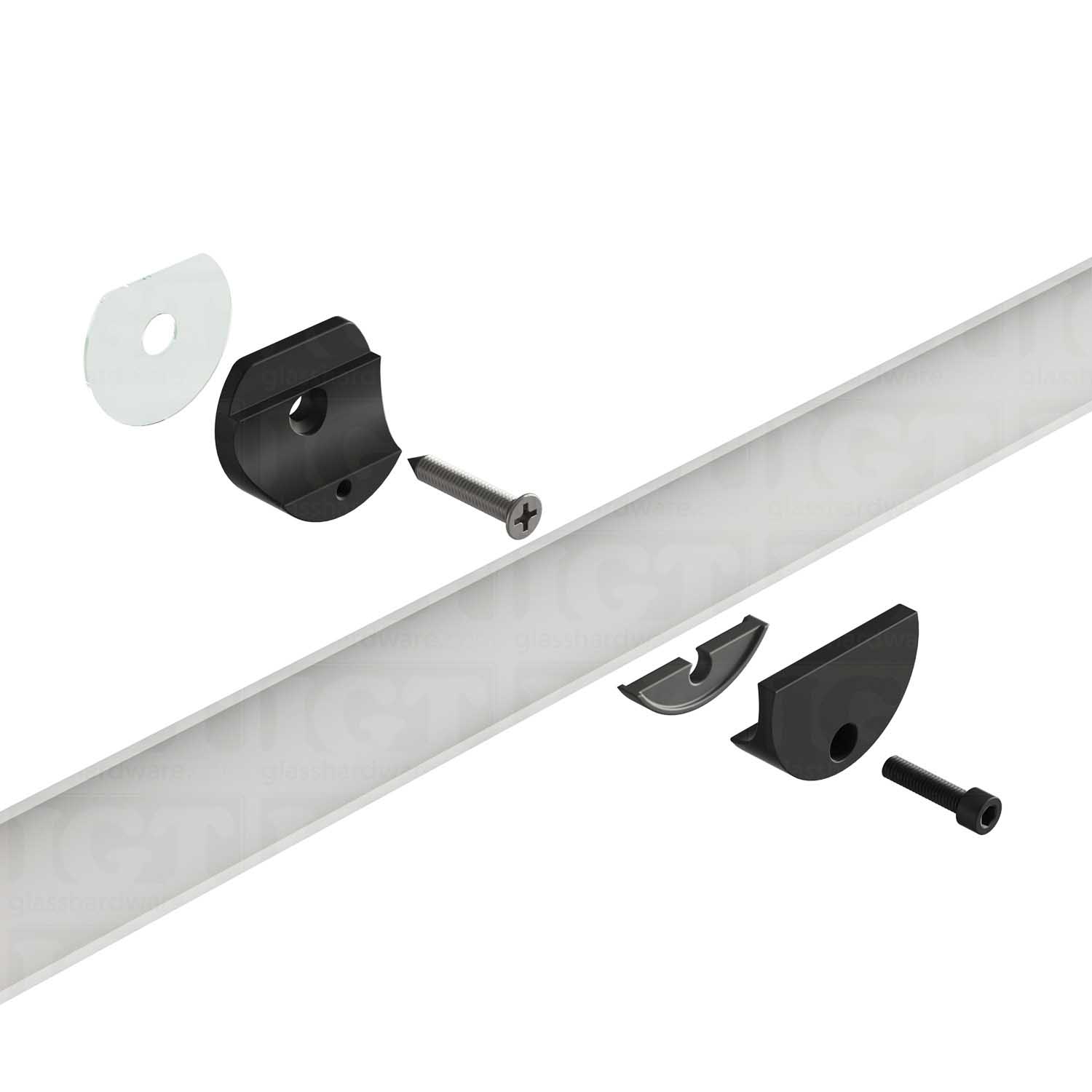 Exploded view of a Wall Mount Bracket for Barn Door assembly. The bracket's plates and screws are coming together to hold the upper track. Matte Black.