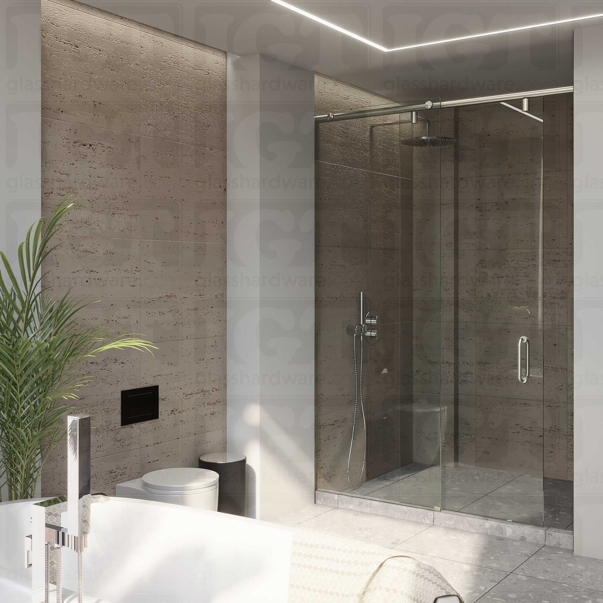 A modern bathroom featuring a sliding door system with the Floor Guide for Modern Sliding System installed at the base of the shower. Brushed Nickel.
