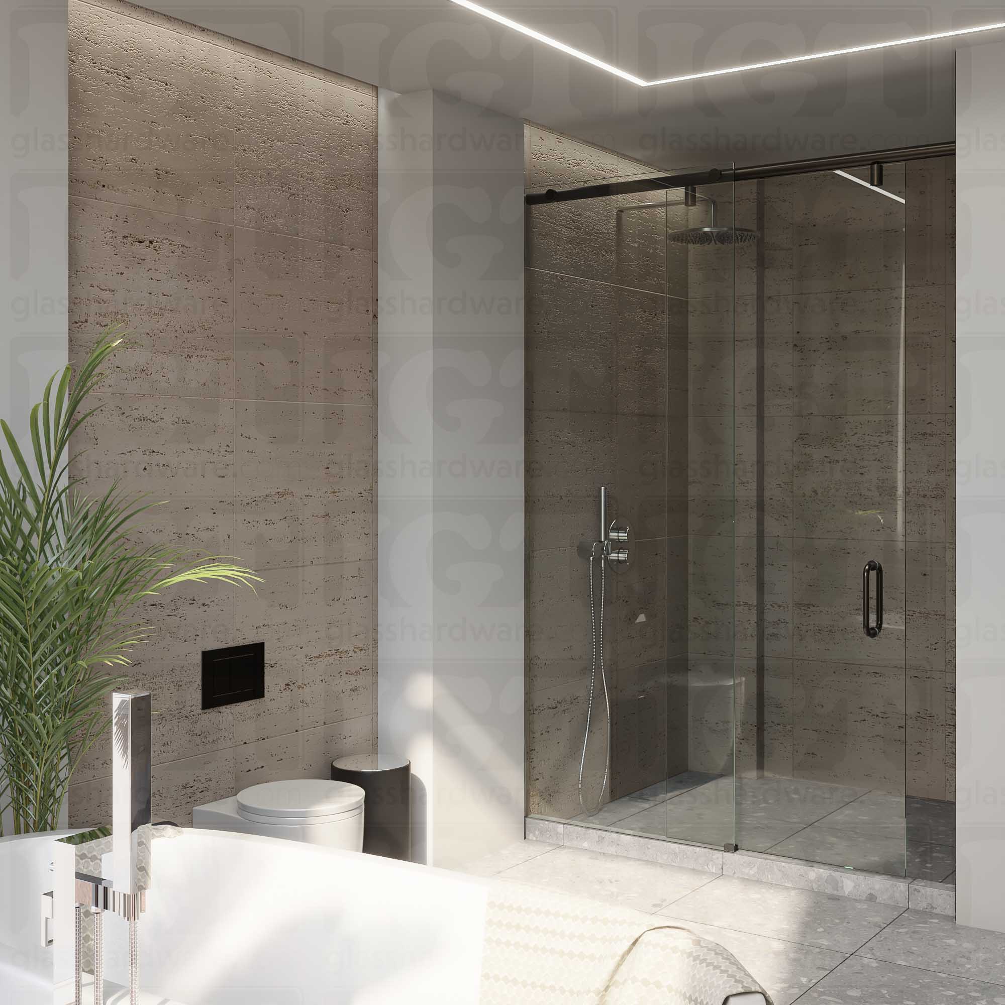 A modern bathroom featuring a sliding door system with the Floor Guide for Modern Sliding System installed at the base of the shower. Oil Rubbed Bronze.
