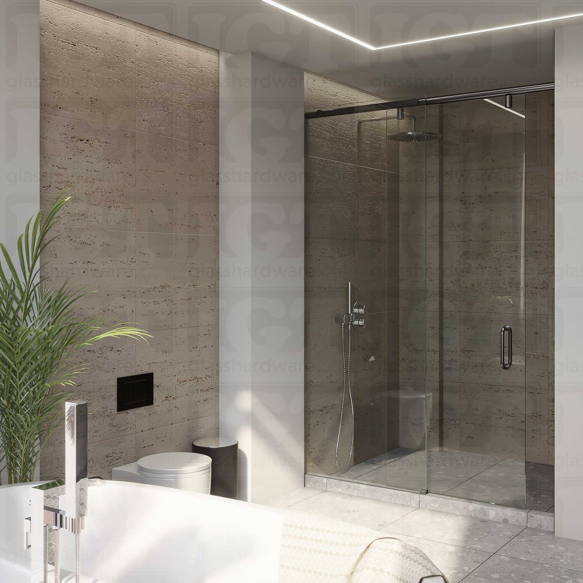 A modern bathroom featuring a sliding door system with the Floor Guide for Modern Sliding System installed at the base of the shower. Polished Gun Metal.