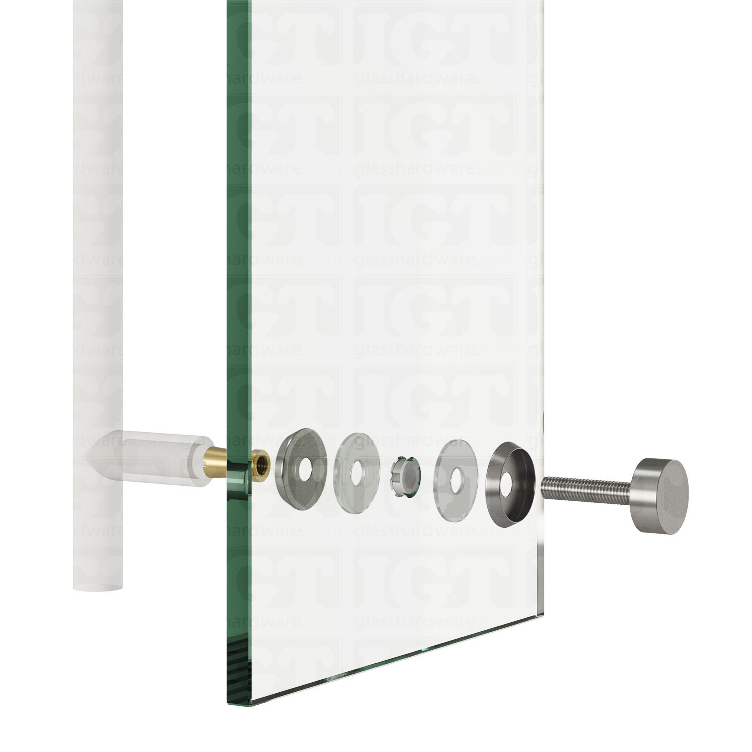 Exploded view of the Cap Fitting for Round Commercial Ladder Handle assembly. The image shows the products components being installed onto a glass panel. (Finish Name).