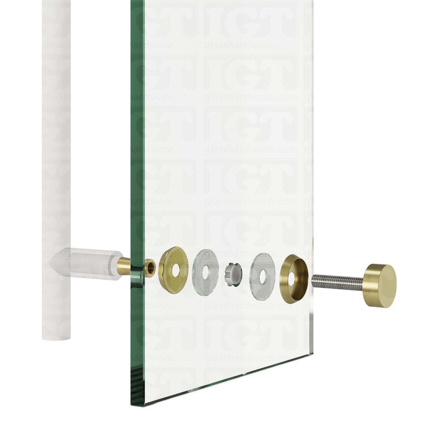 Exploded view of the Cap Fitting for Round Commercial Ladder Handle assembly. The image shows the products components being installed onto a glass panel. Gold Brushed.