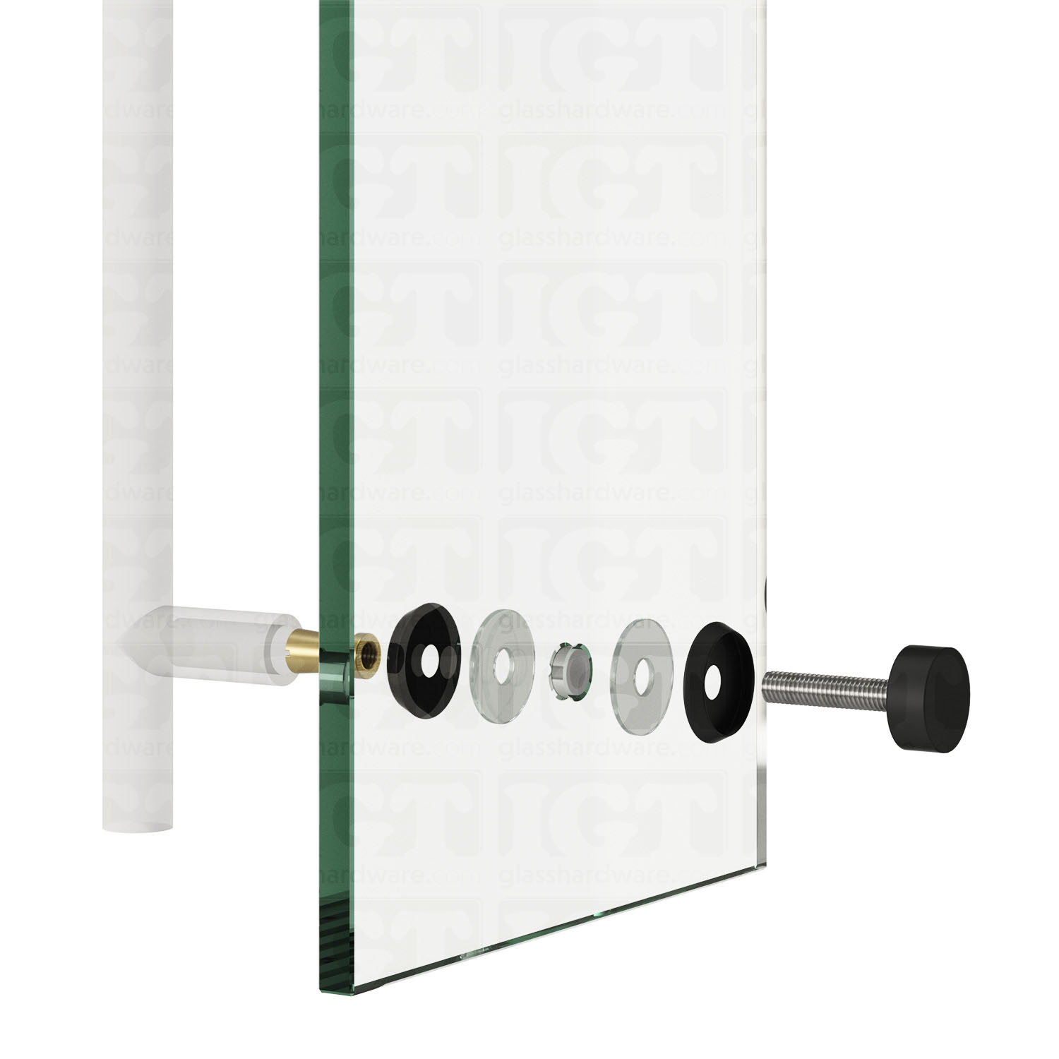 Exploded view of the Cap Fitting for Round Commercial Ladder Handle assembly. The image shows the products components being installed onto a glass panel. Matte Black.