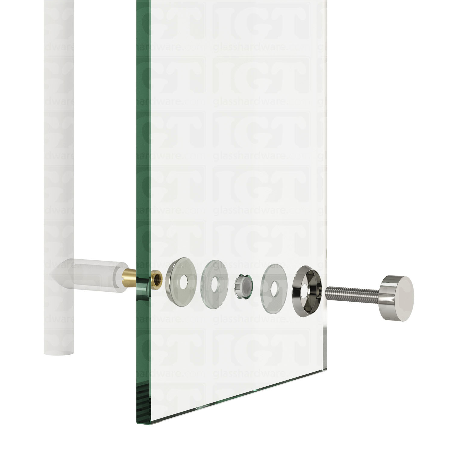 Exploded view of the Cap Fitting for Round Commercial Ladder Handle assembly. The image shows the products components being installed onto a glass panel. Polished Stainless.