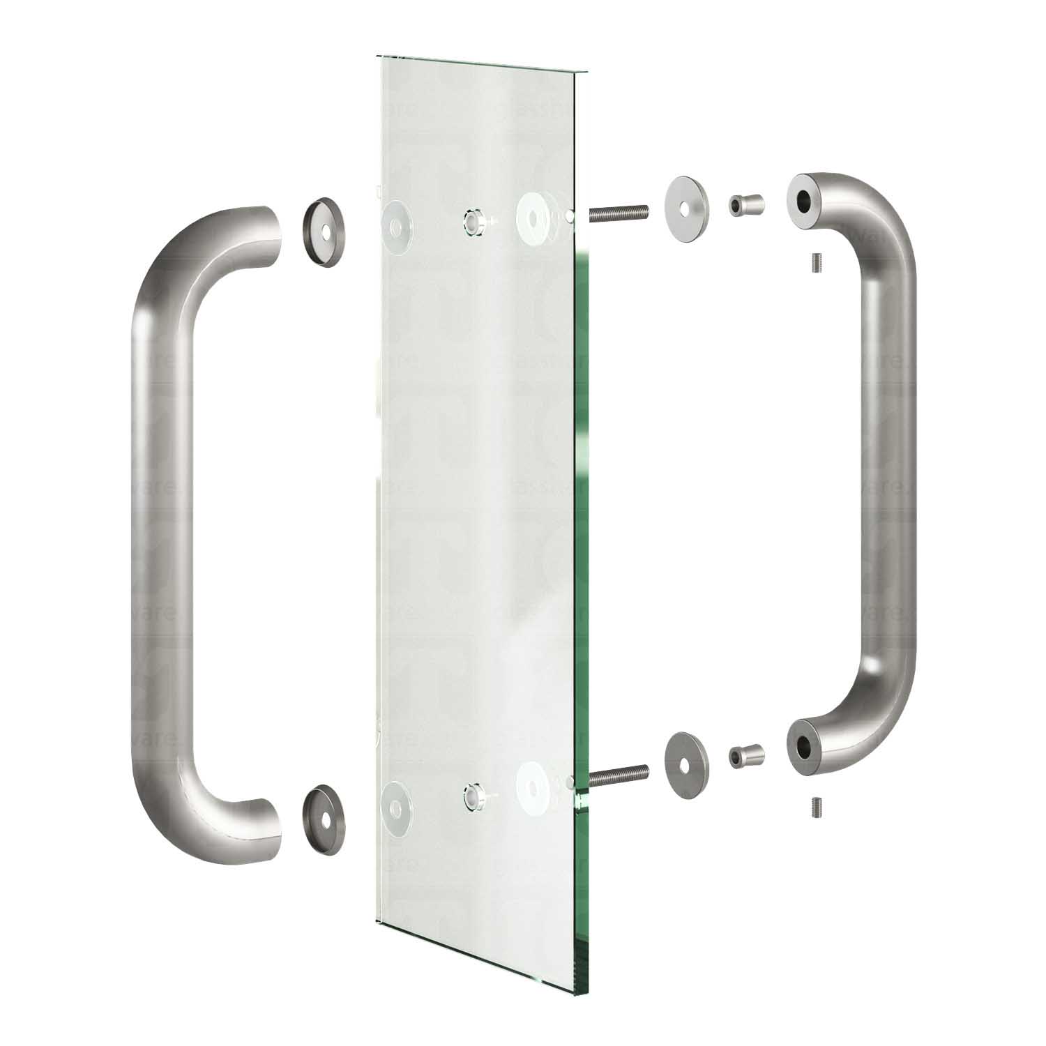 An exploded view of the 12-inch Back-to-Back Round Pull Handle installed on glass. Brushed Stainless.