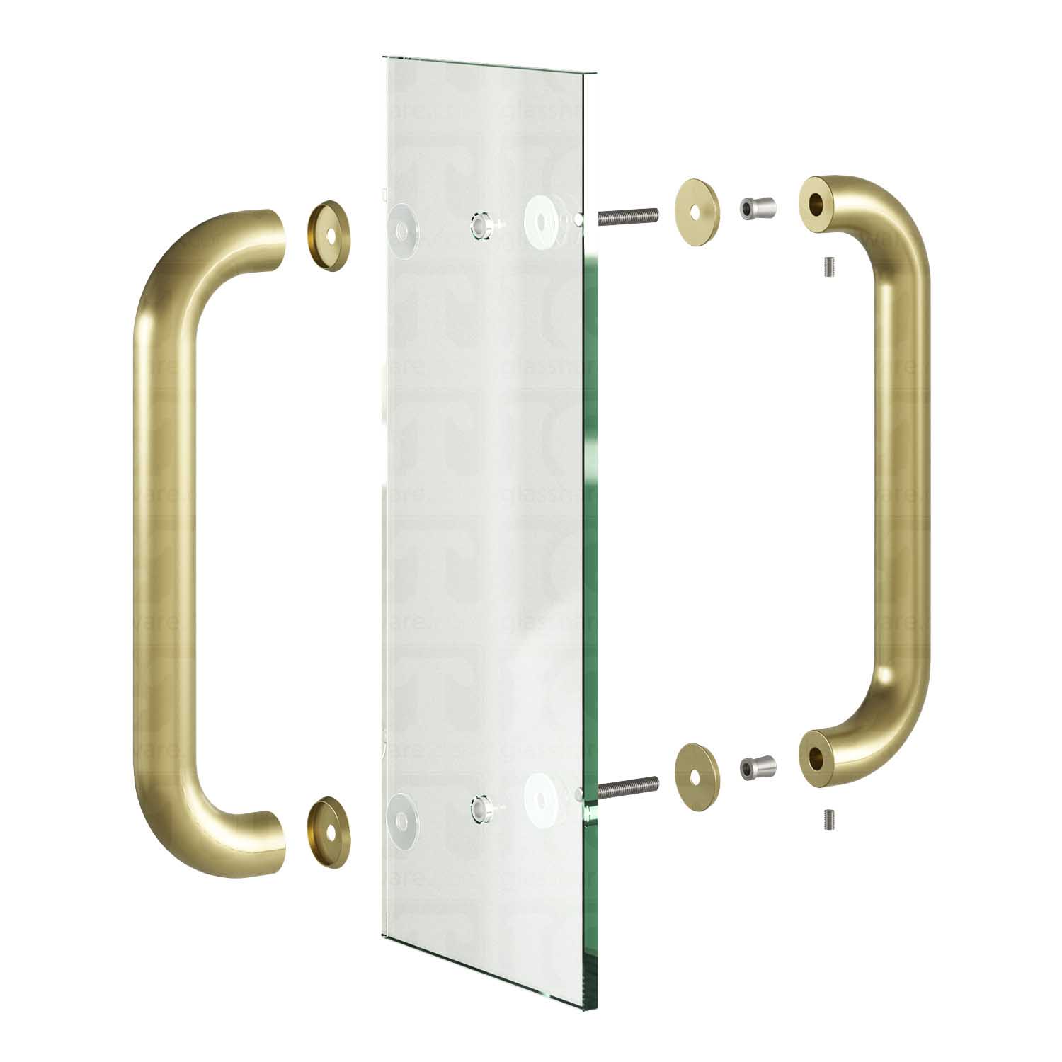 An exploded view of the 12-inch Back-to-Back Round Pull Handle installed on glass. Gold Brushed.
